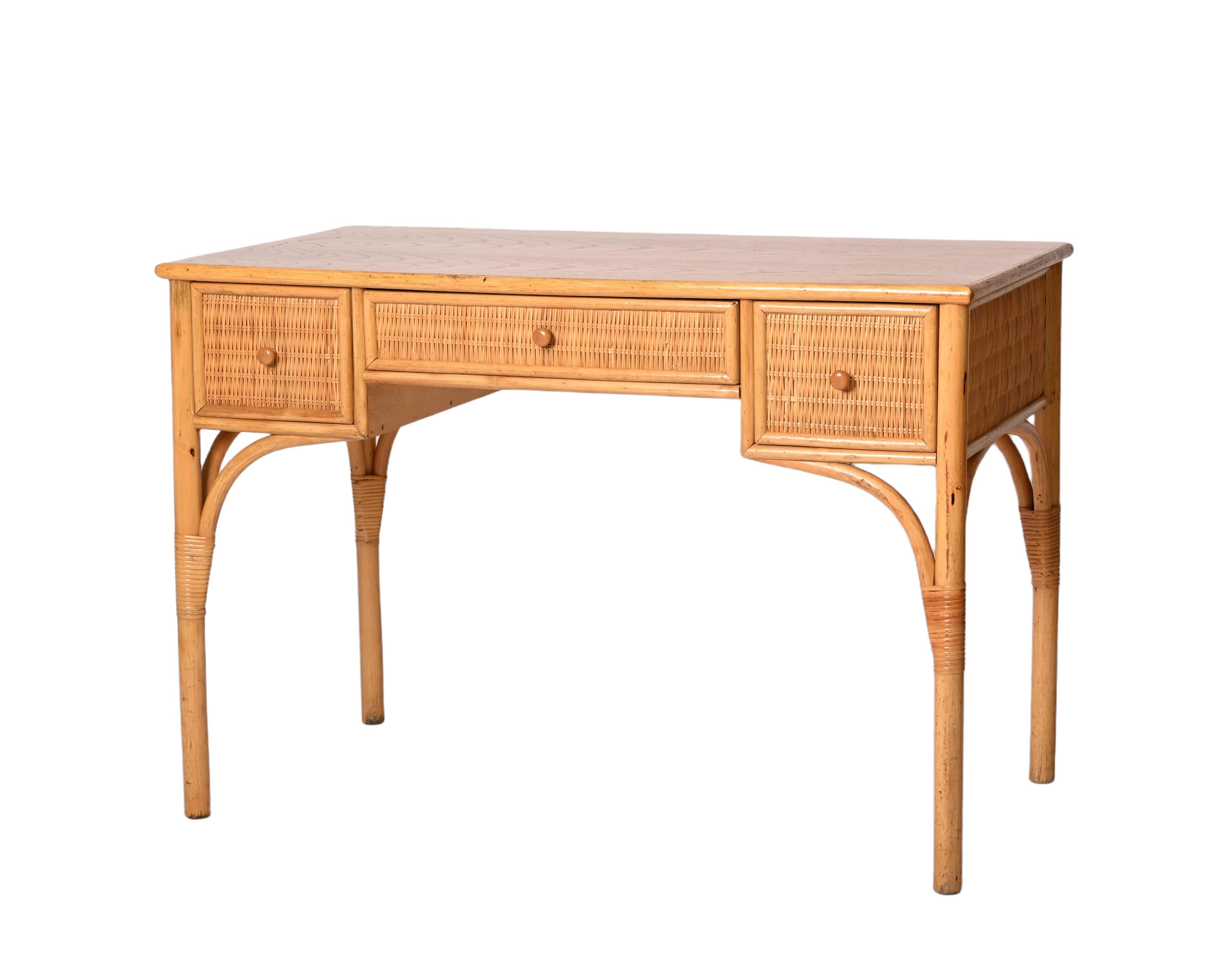 20th Century Midcentury Bamboo and Wicker Italian Rectangular Desk with Drawers, 1980s