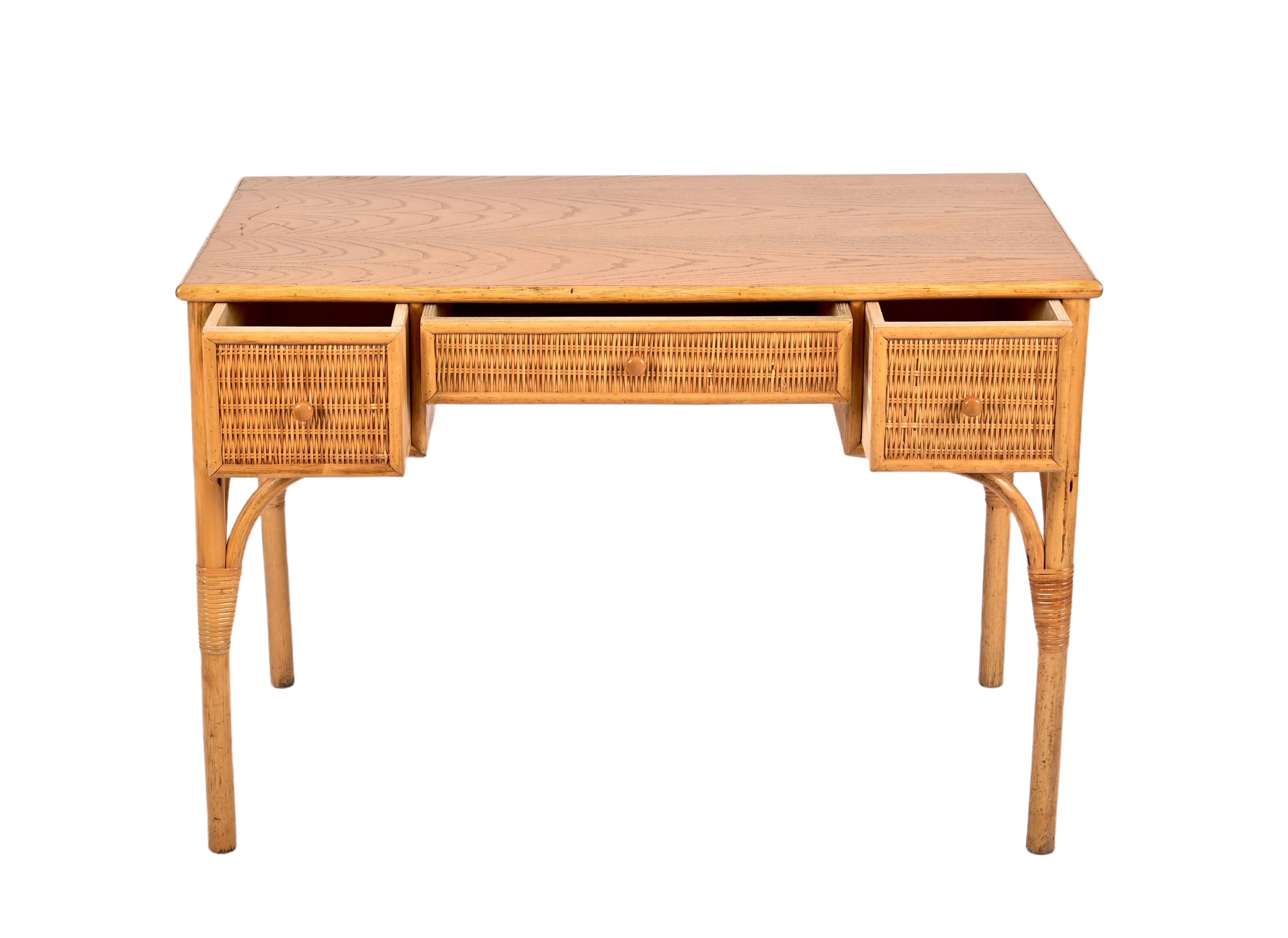 Midcentury Bamboo and Wicker Italian Rectangular Desk with Drawers, 1980s 2
