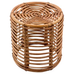 Midcentury Bamboo and Wicker Round Italian Pouf Stool, 1960s