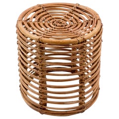 Midcentury Bamboo and Wicker Round Italian Pouf Stool, 1960s