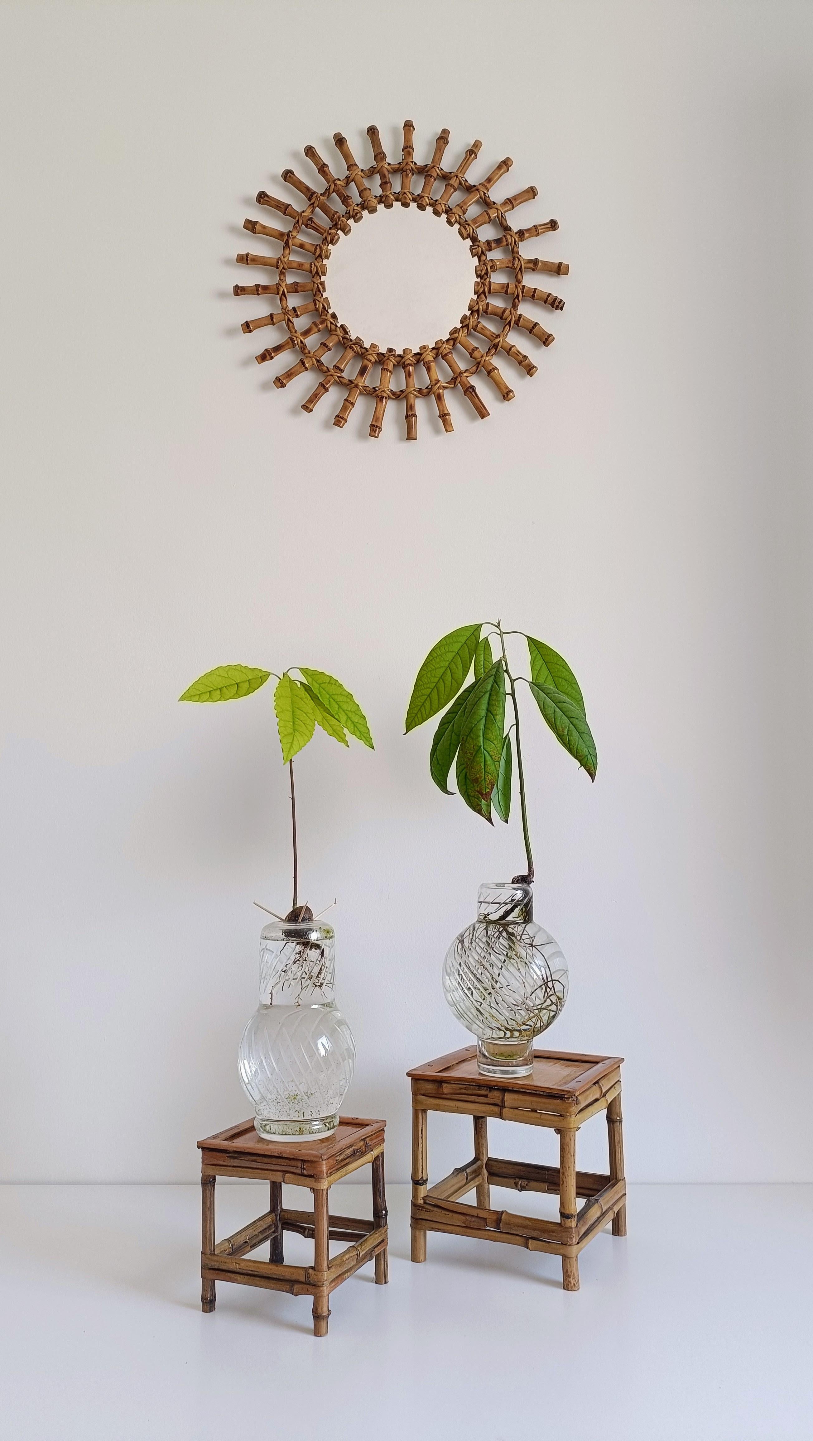 Encantadora Pareja de Pedestales para Plantas / Mesas de Centro de Bambú y Madera Franceses de Mediados de Siglo

Un encantador par de pequeños soportes de bambú y madera, hechos a mano en Francia hacia mediados del siglo XX. Estos versátiles