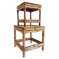 Midcentury Bamboo and Wood Small Plant Pedestals or Accent Tables, France, 1950s