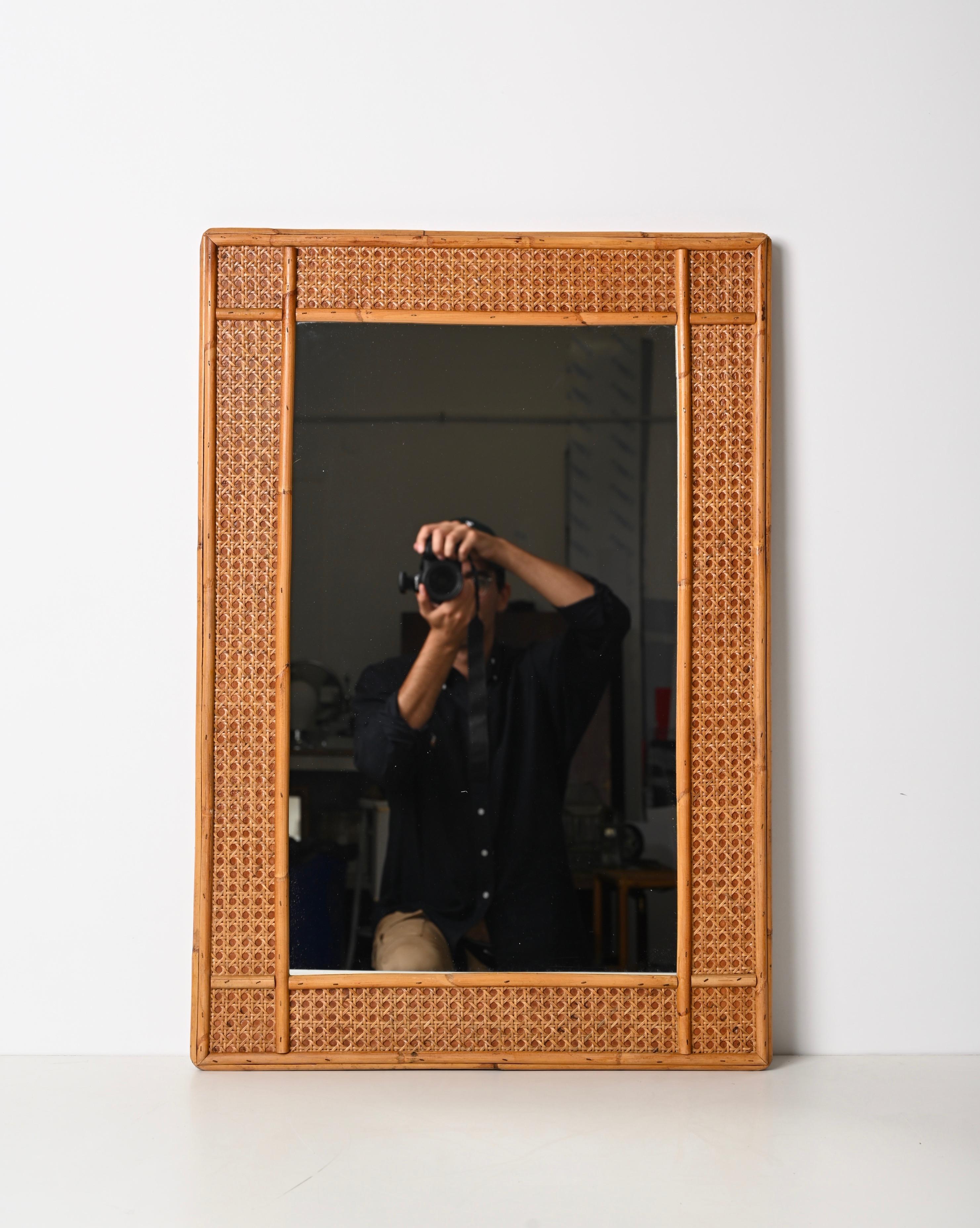 Midcentury Bamboo and Woven Wicker Framed Rectangular Italian Mirror, 1970s 6