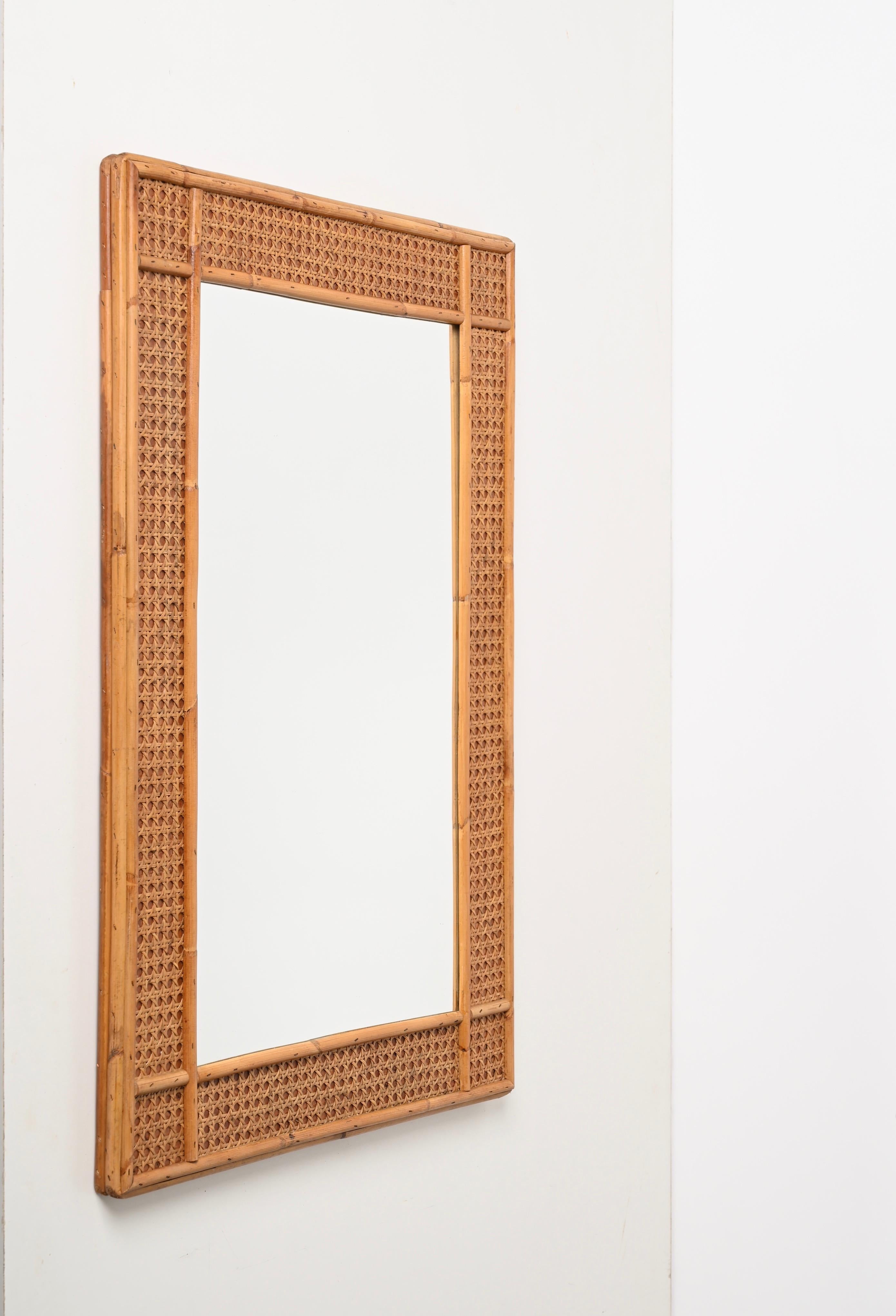 Midcentury Bamboo and Woven Wicker Framed Rectangular Italian Mirror, 1970s 8