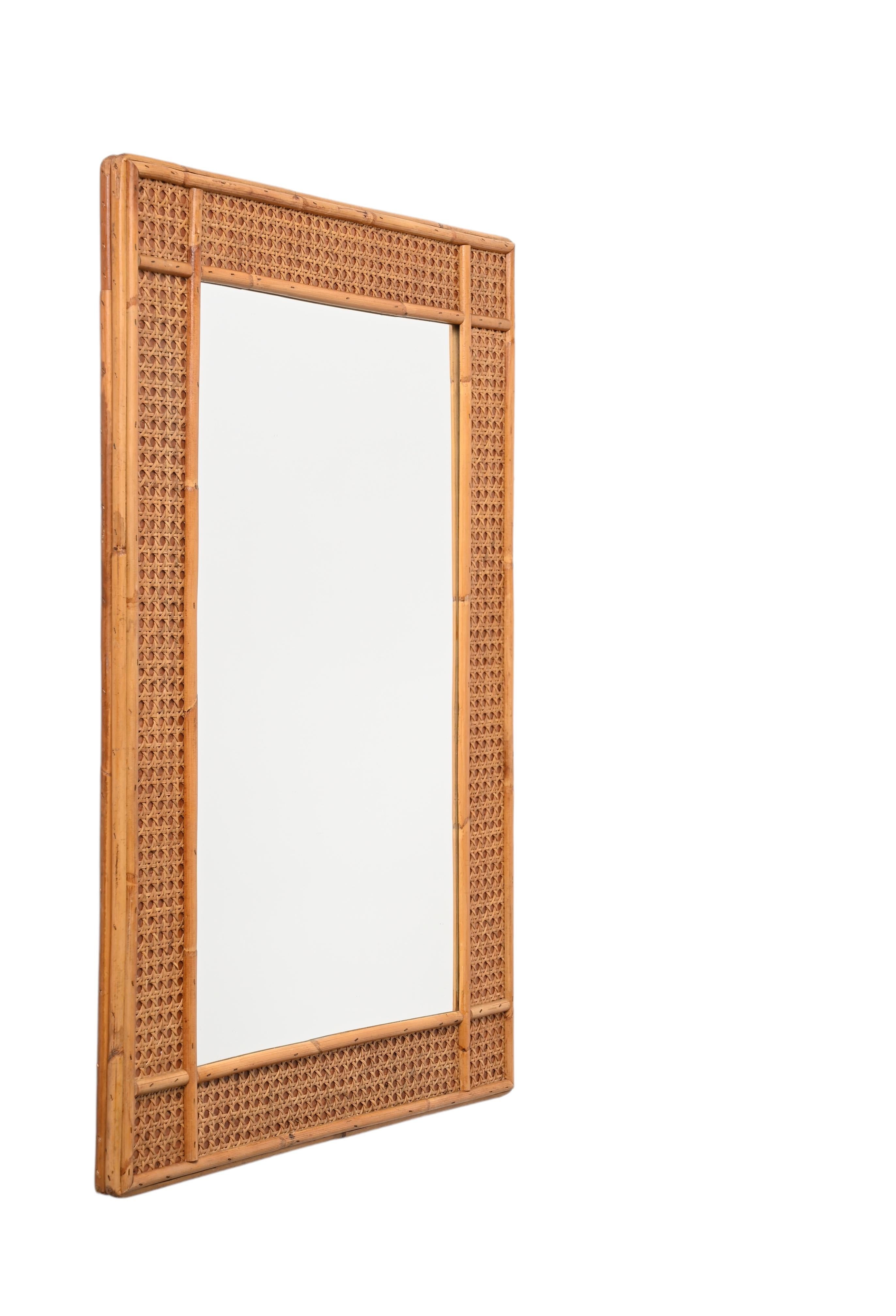 Midcentury Bamboo and Woven Wicker Framed Rectangular Italian Mirror, 1970s 9