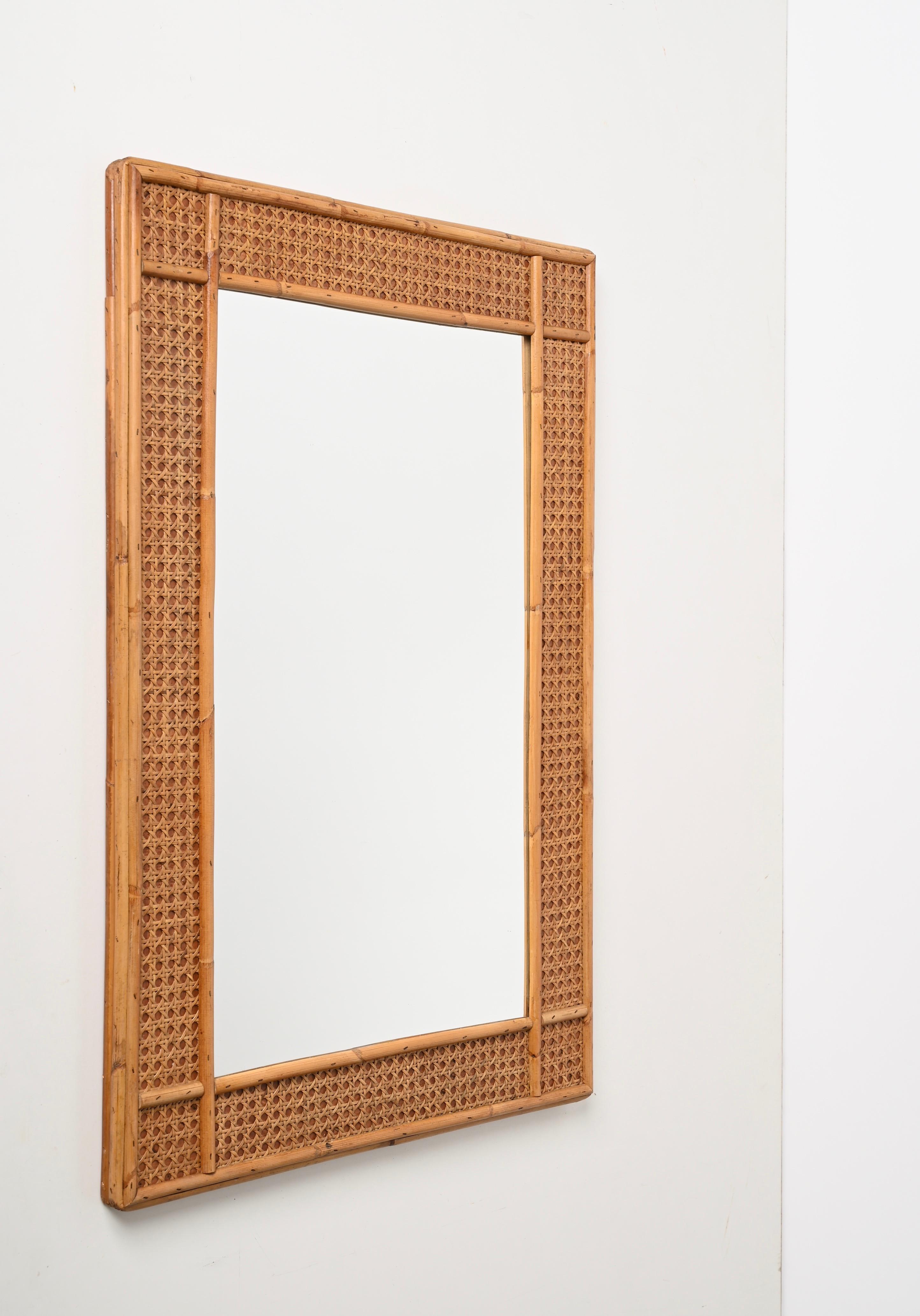Midcentury Bamboo and Woven Wicker Framed Rectangular Italian Mirror, 1970s 10