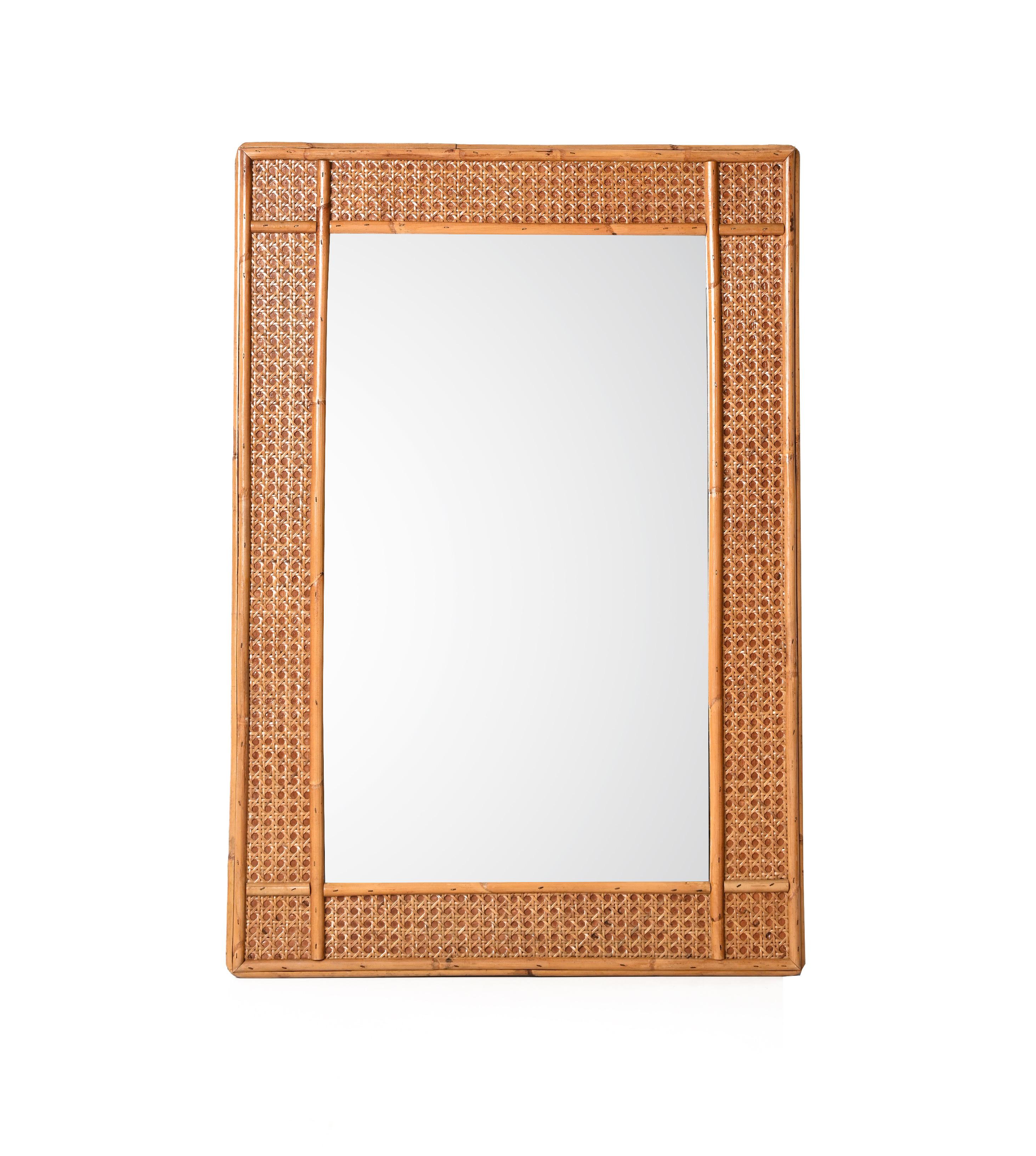 Midcentury Bamboo and Woven Wicker Framed Rectangular Italian Mirror, 1970s In Good Condition In Roma, IT