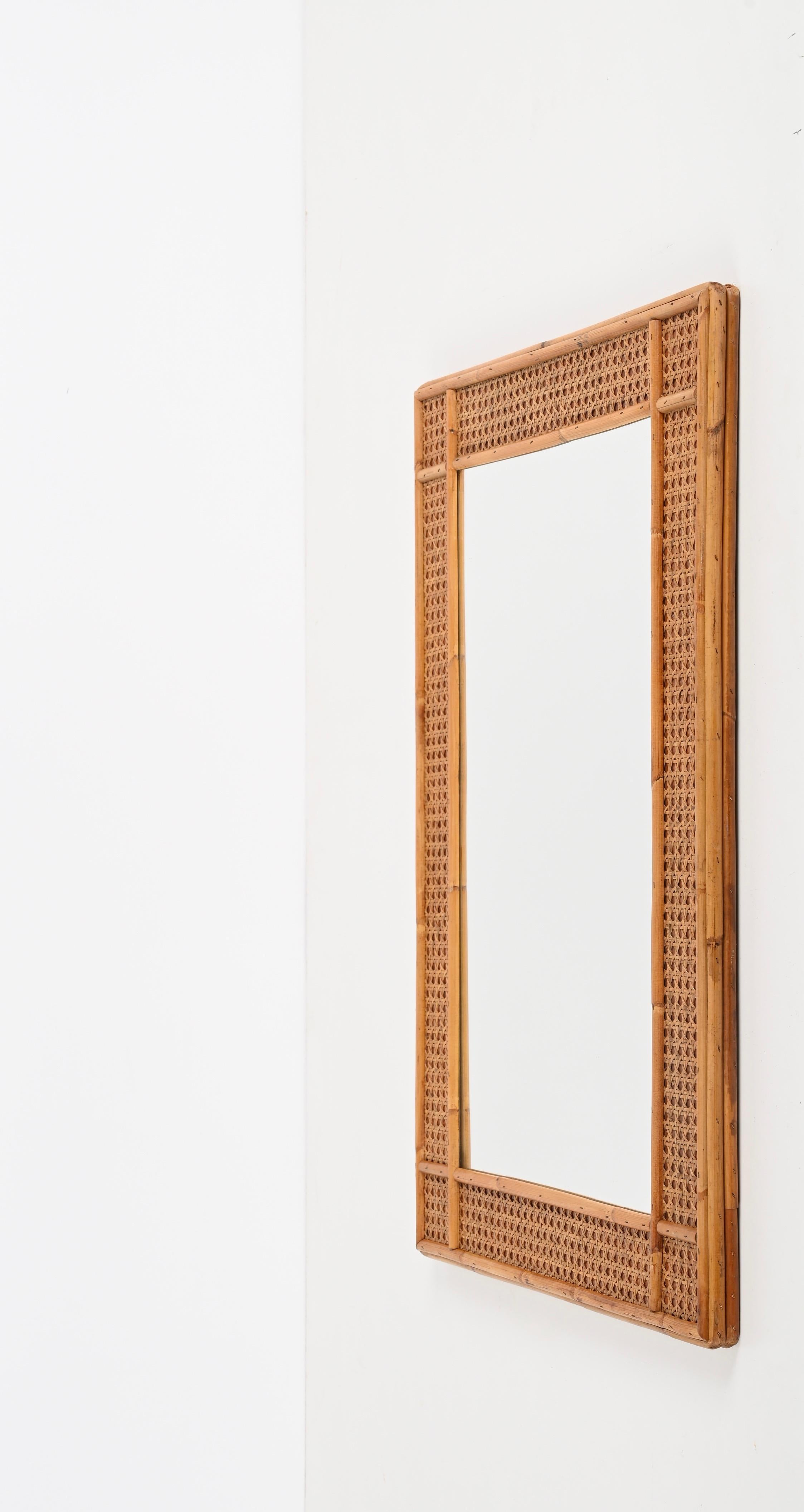 20th Century Midcentury Bamboo and Woven Wicker Framed Rectangular Italian Mirror, 1970s
