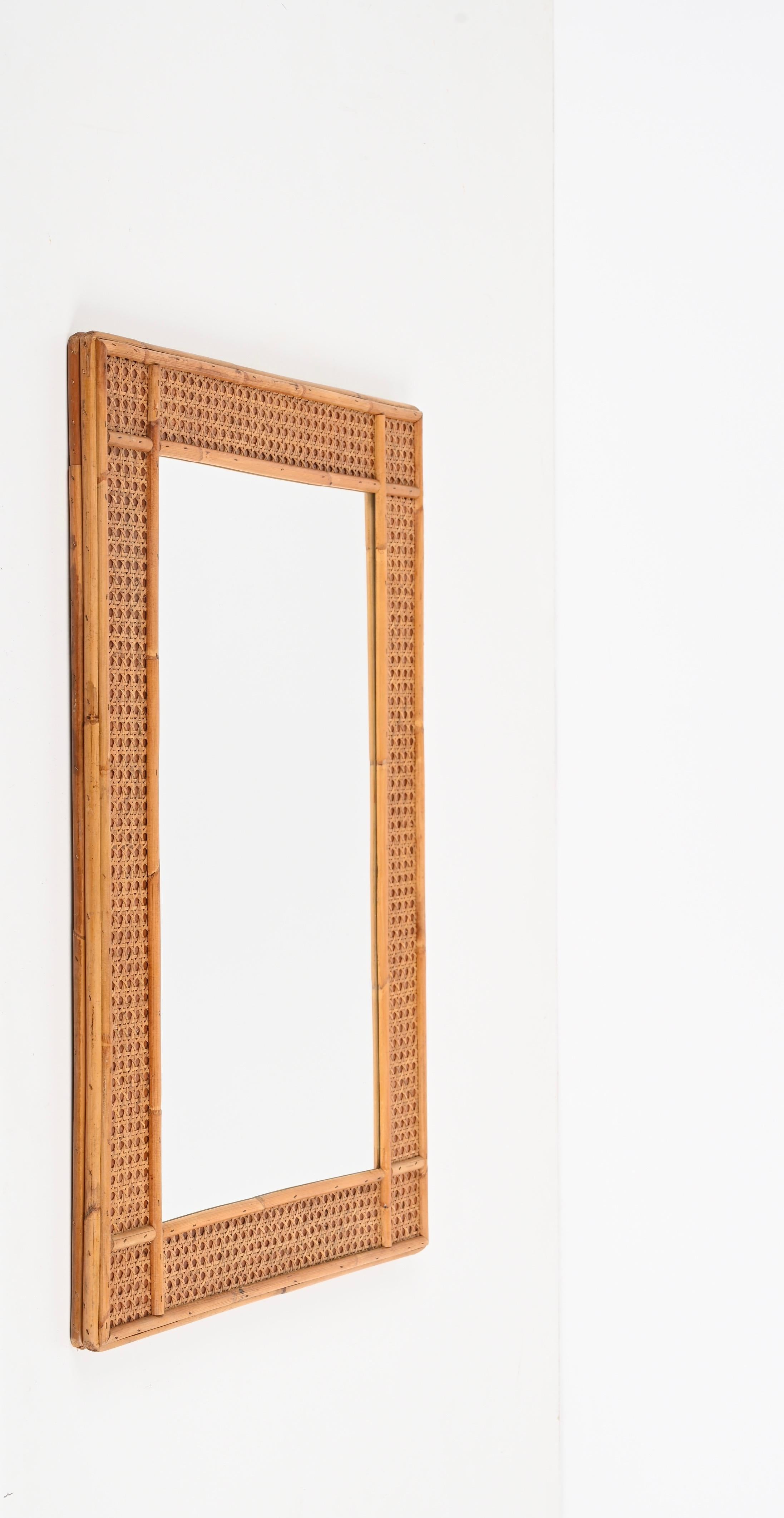 Midcentury Bamboo and Woven Wicker Framed Rectangular Italian Mirror, 1970s 1