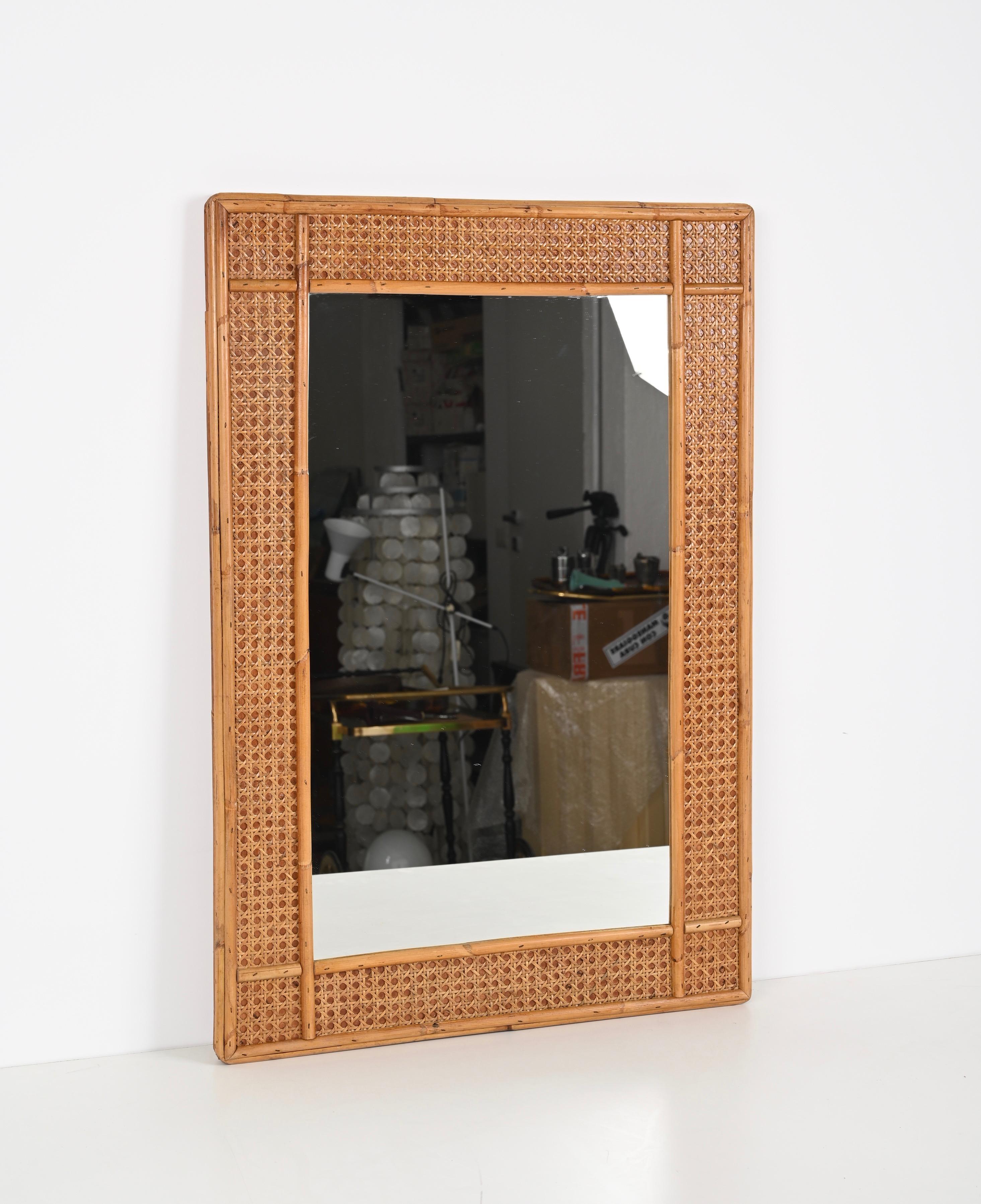 Midcentury Bamboo and Woven Wicker Framed Rectangular Italian Mirror, 1970s 2
