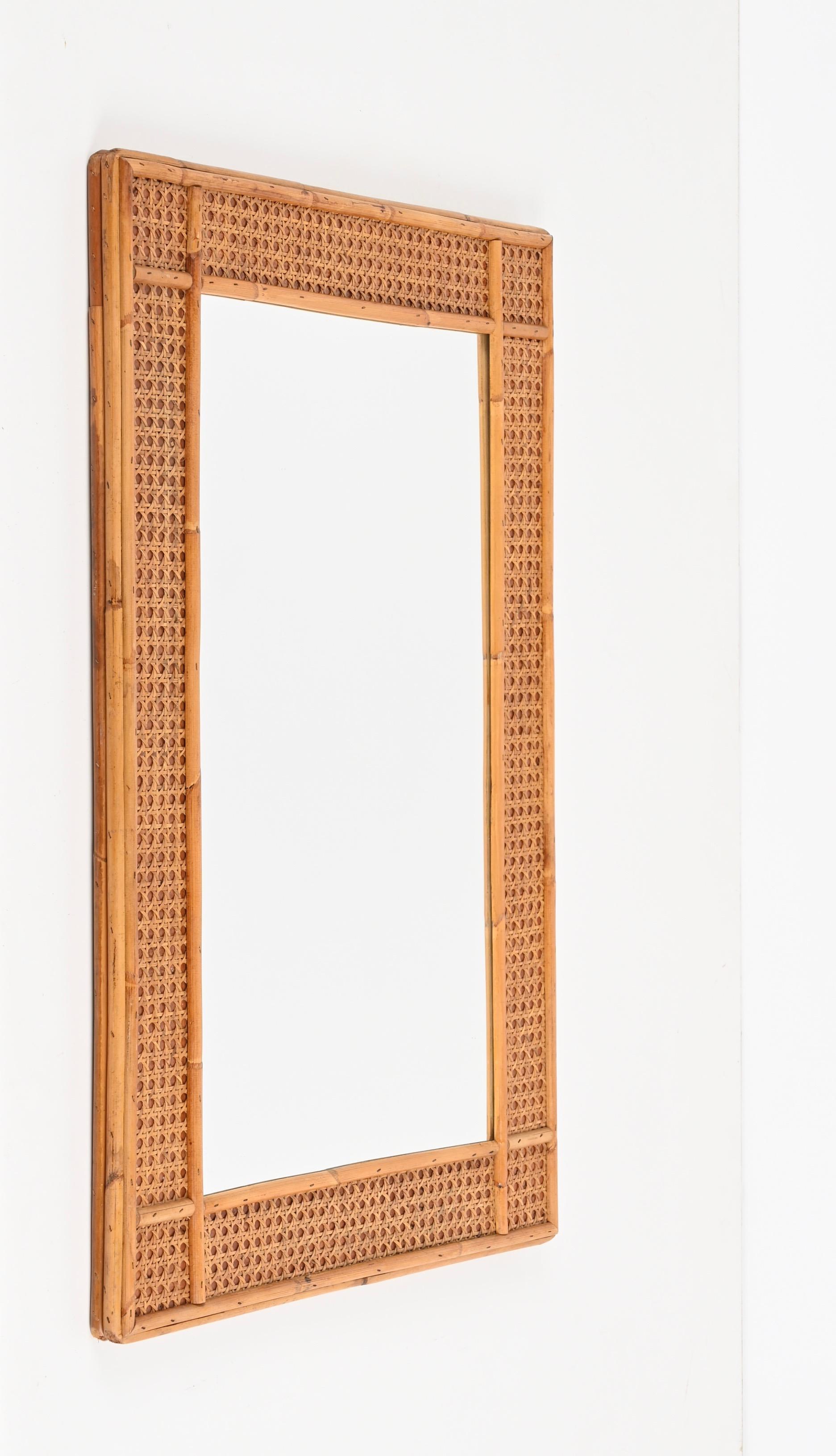Midcentury Bamboo and Woven Wicker Framed Rectangular Italian Mirror, 1970s 3