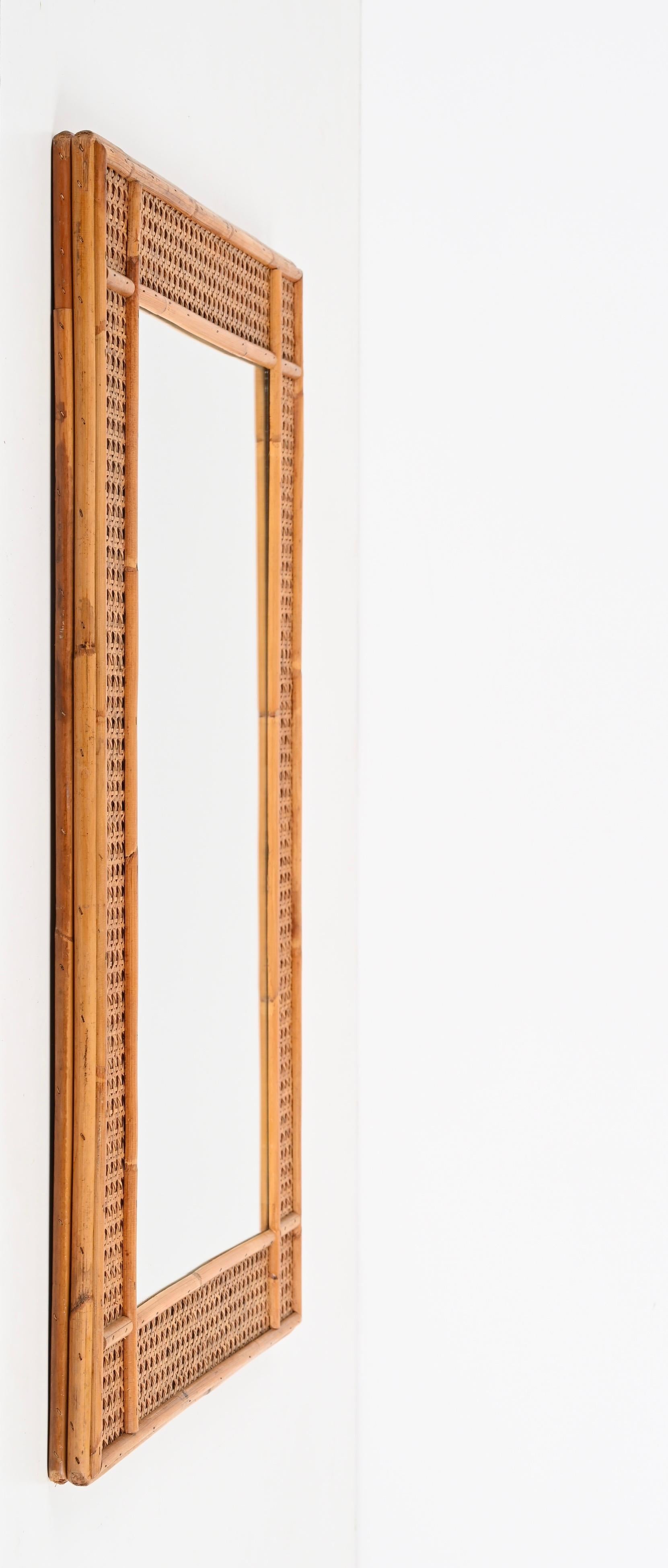 Midcentury Bamboo and Woven Wicker Framed Rectangular Italian Mirror, 1970s 4