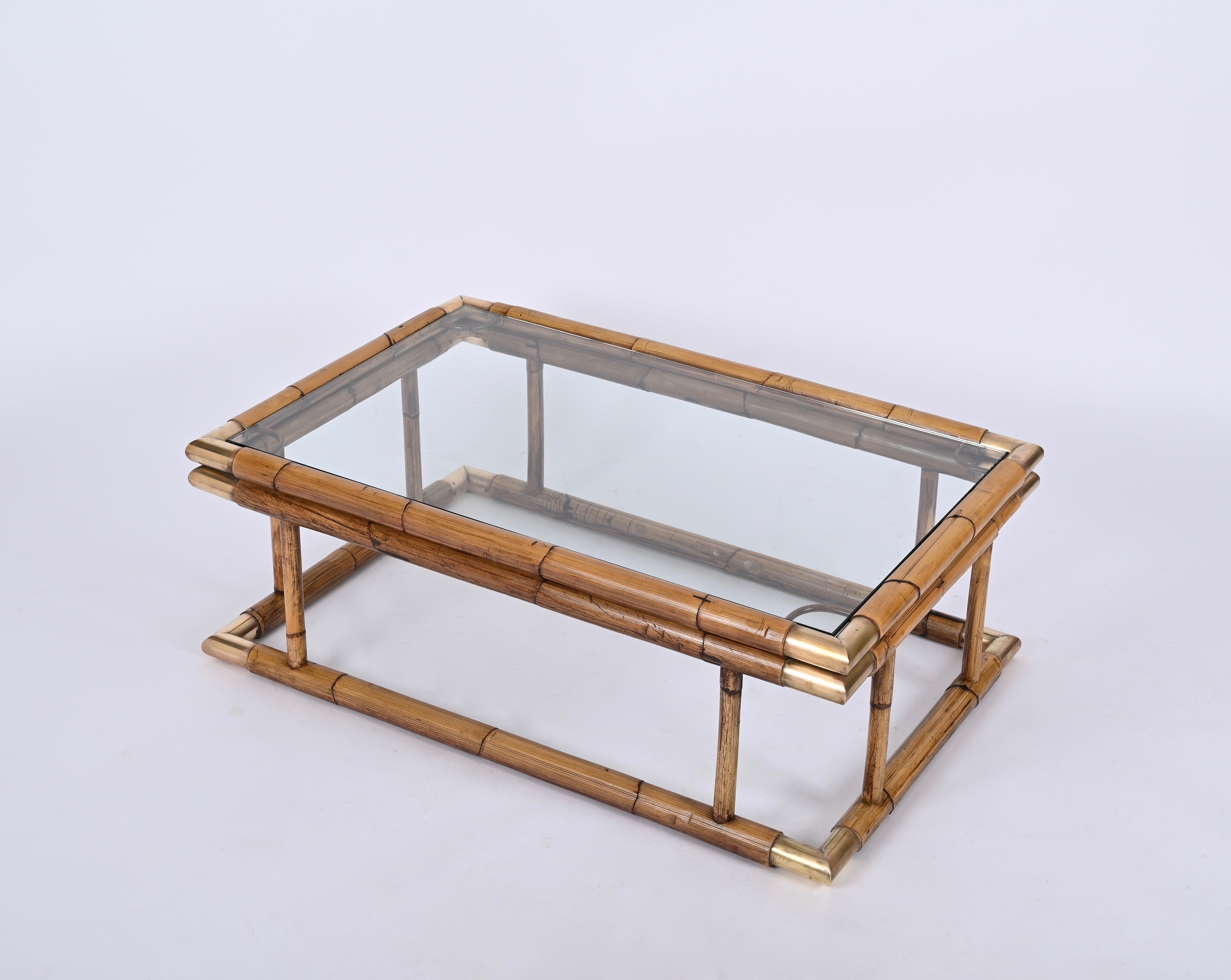 Midcentury Bamboo, Brass and Crystal Coffee Table,  Italy 1960s For Sale 8