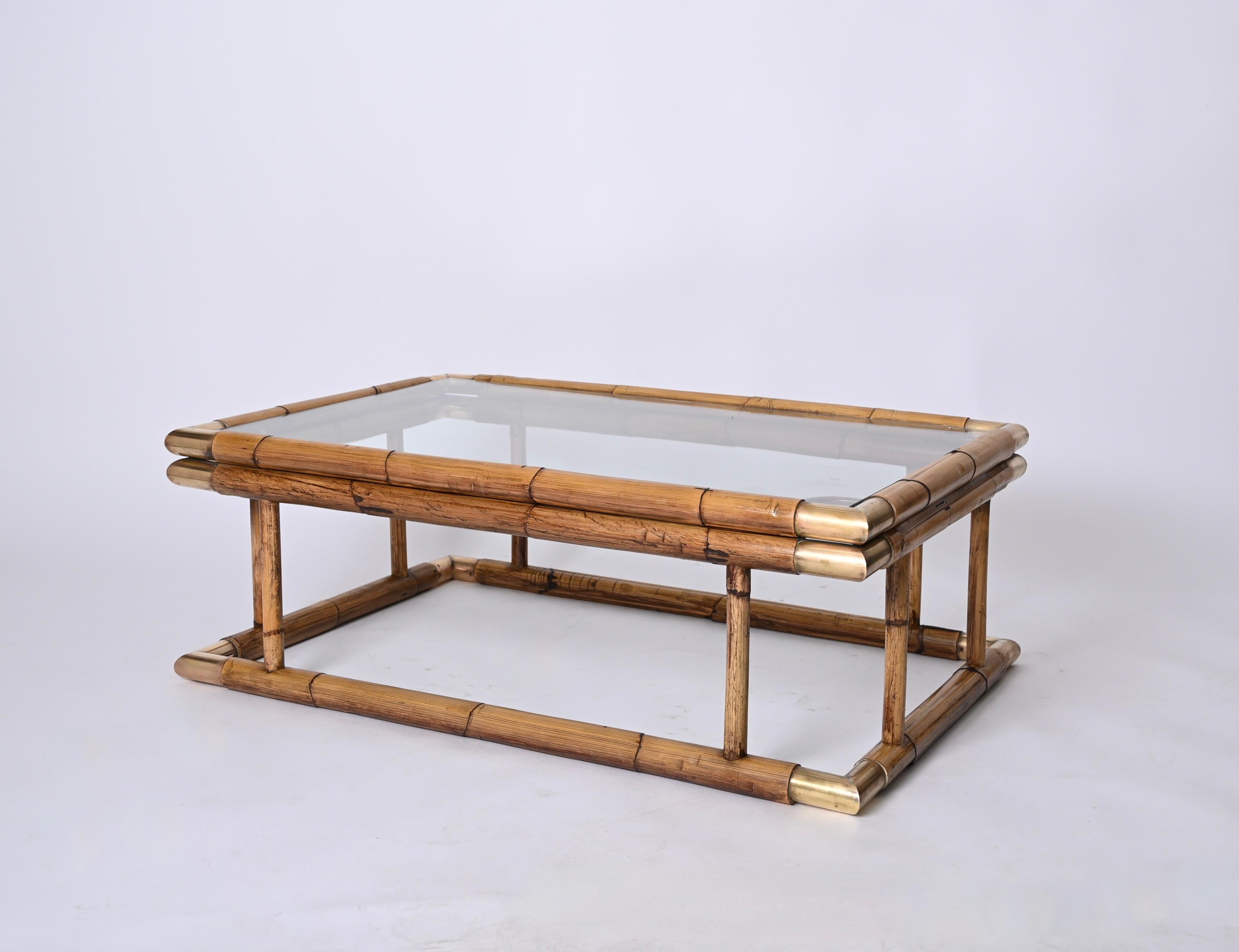 Midcentury Bamboo, Brass and Crystal Coffee Table,  Italy 1960s For Sale 11