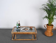 Midcentury Bamboo, Brass and Crystal Coffee Table,  Italy 1960s