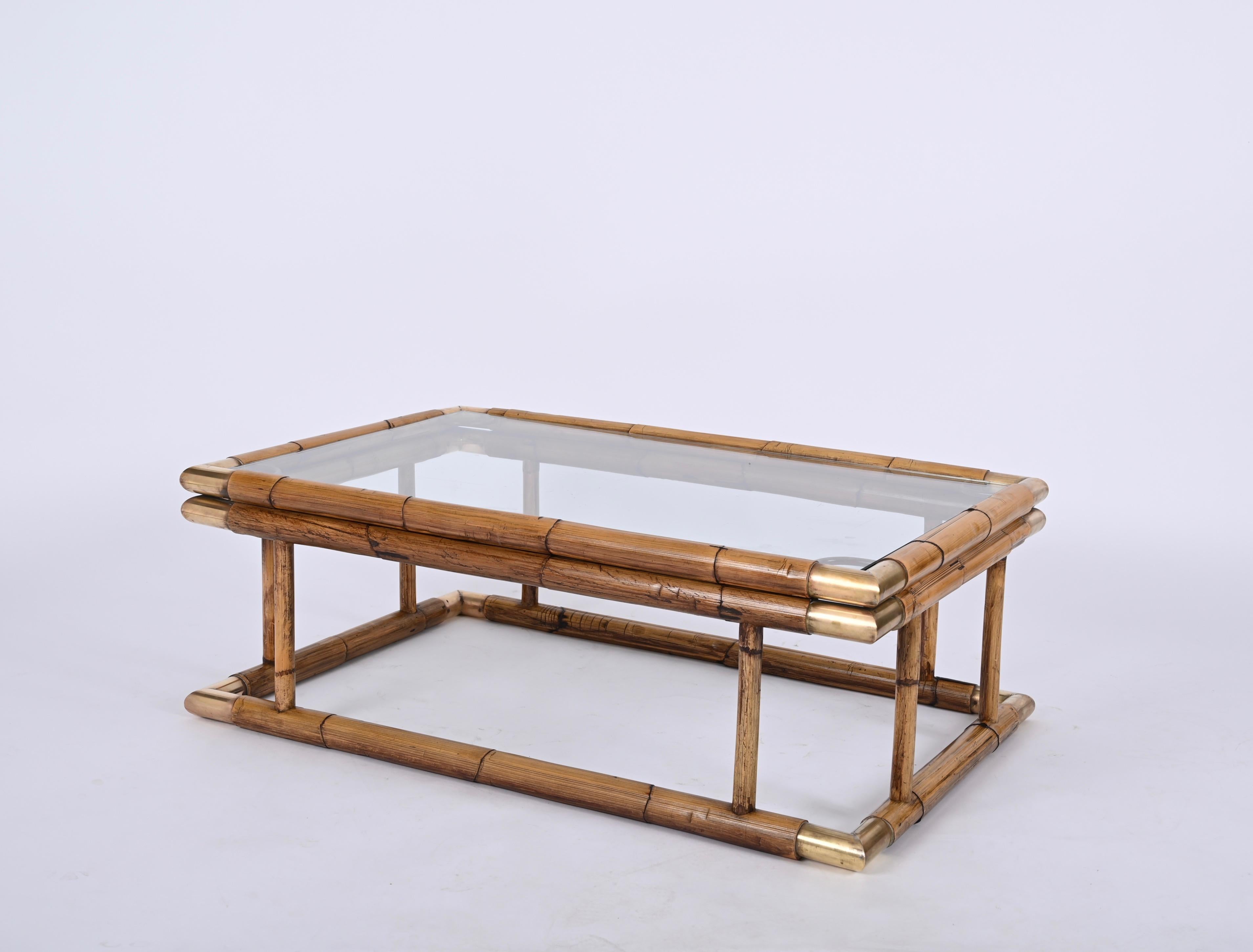 Mid-Century Modern Midcentury Bamboo, Brass and Crystal Coffee Table,  Italy 1960s
