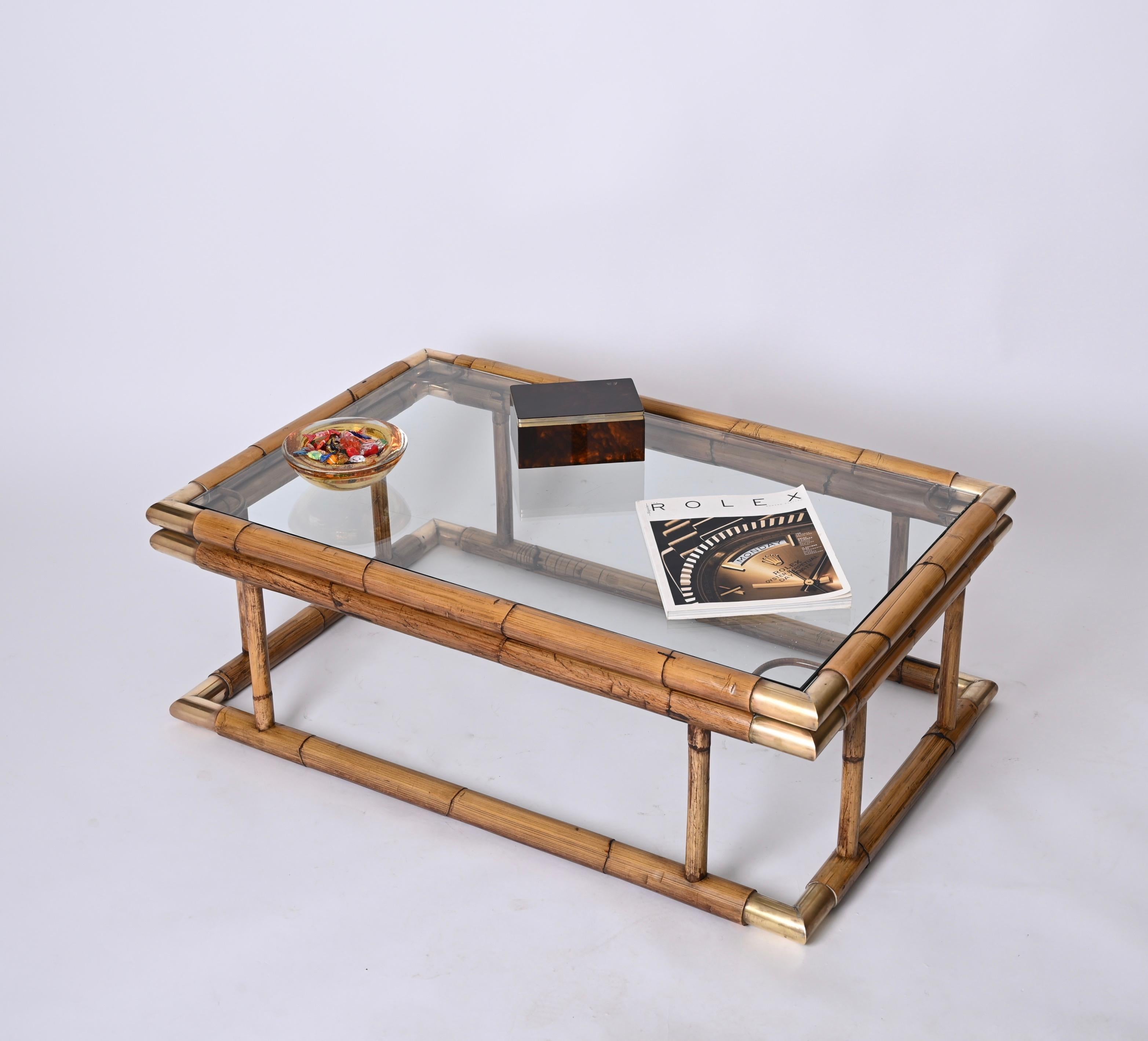 20th Century Midcentury Bamboo, Brass and Crystal Coffee Table,  Italy 1960s For Sale