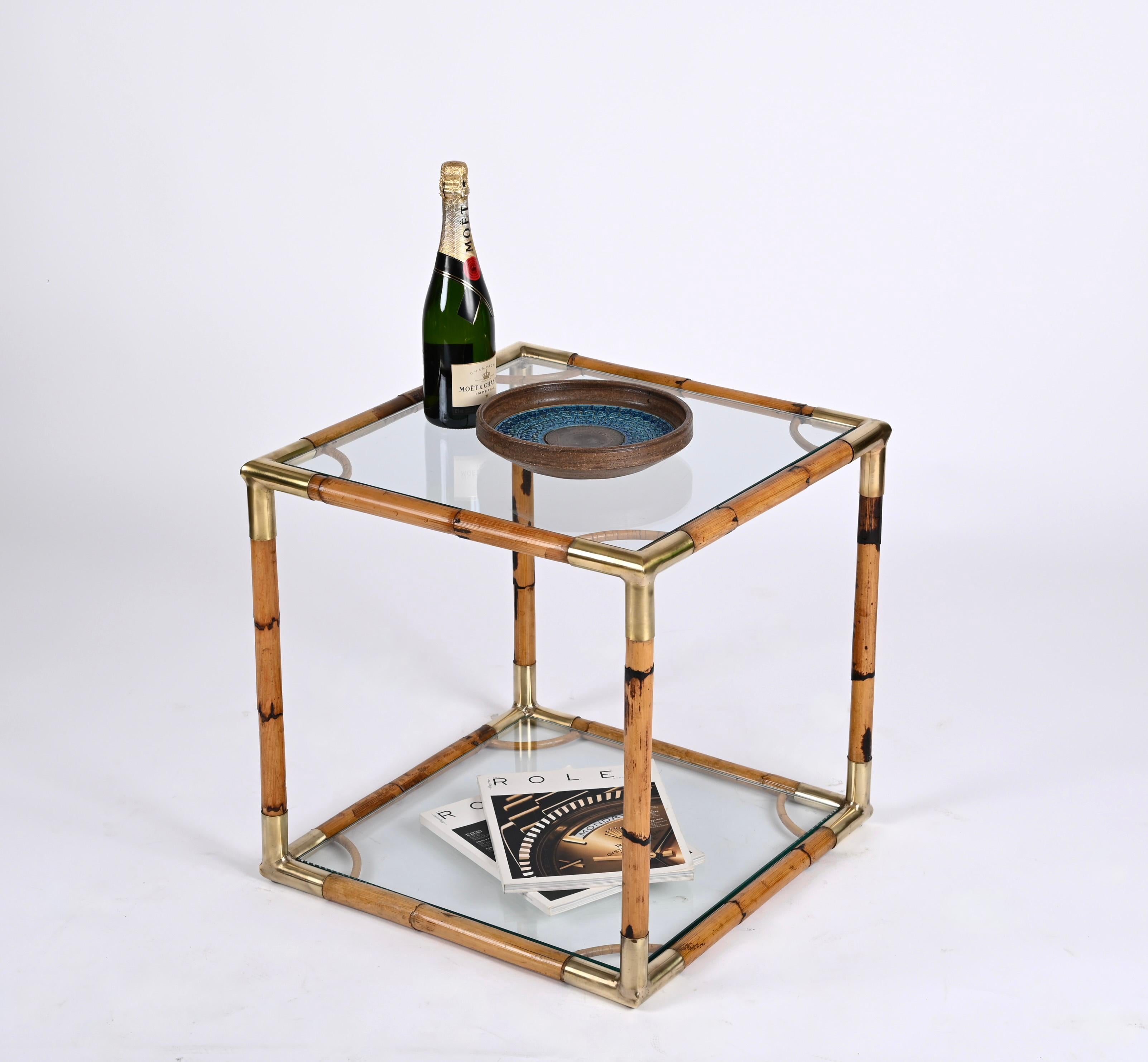Midcentury Bamboo, Brass and Crystal Glass Cubic Italian Coffee Table, 1960s 6