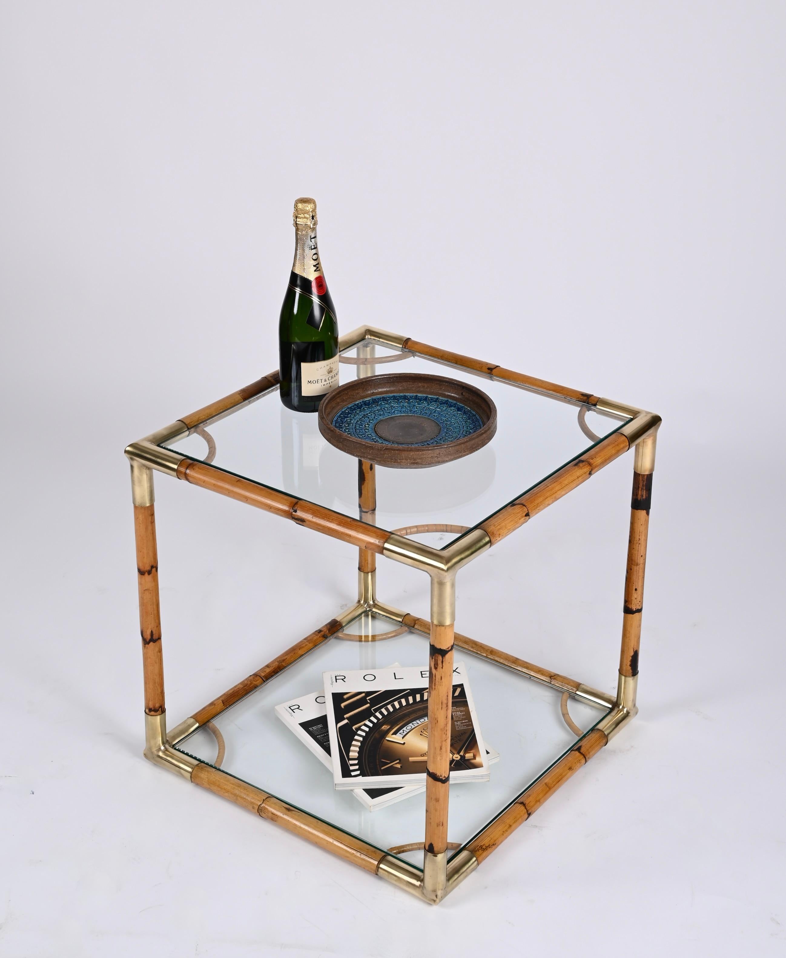Midcentury Bamboo, Brass and Crystal Glass Cubic Italian Coffee Table, 1960s 7