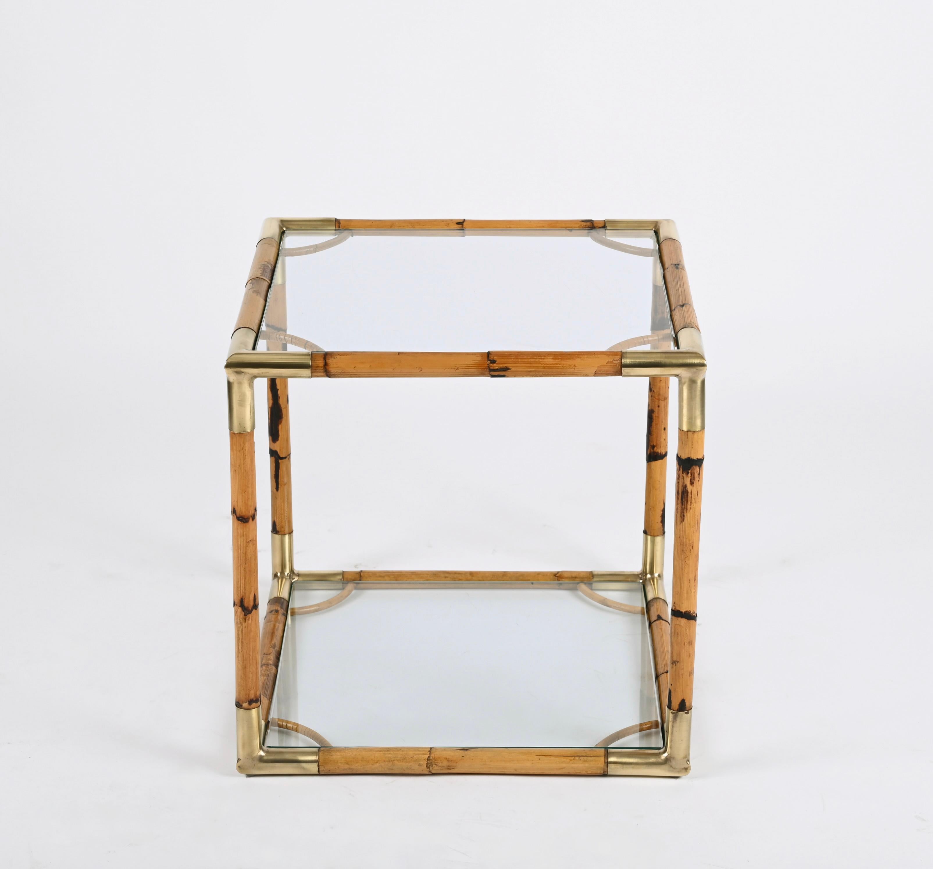 Mid-Century Modern Midcentury Bamboo, Brass and Crystal Glass Cubic Italian Coffee Table, 1960s