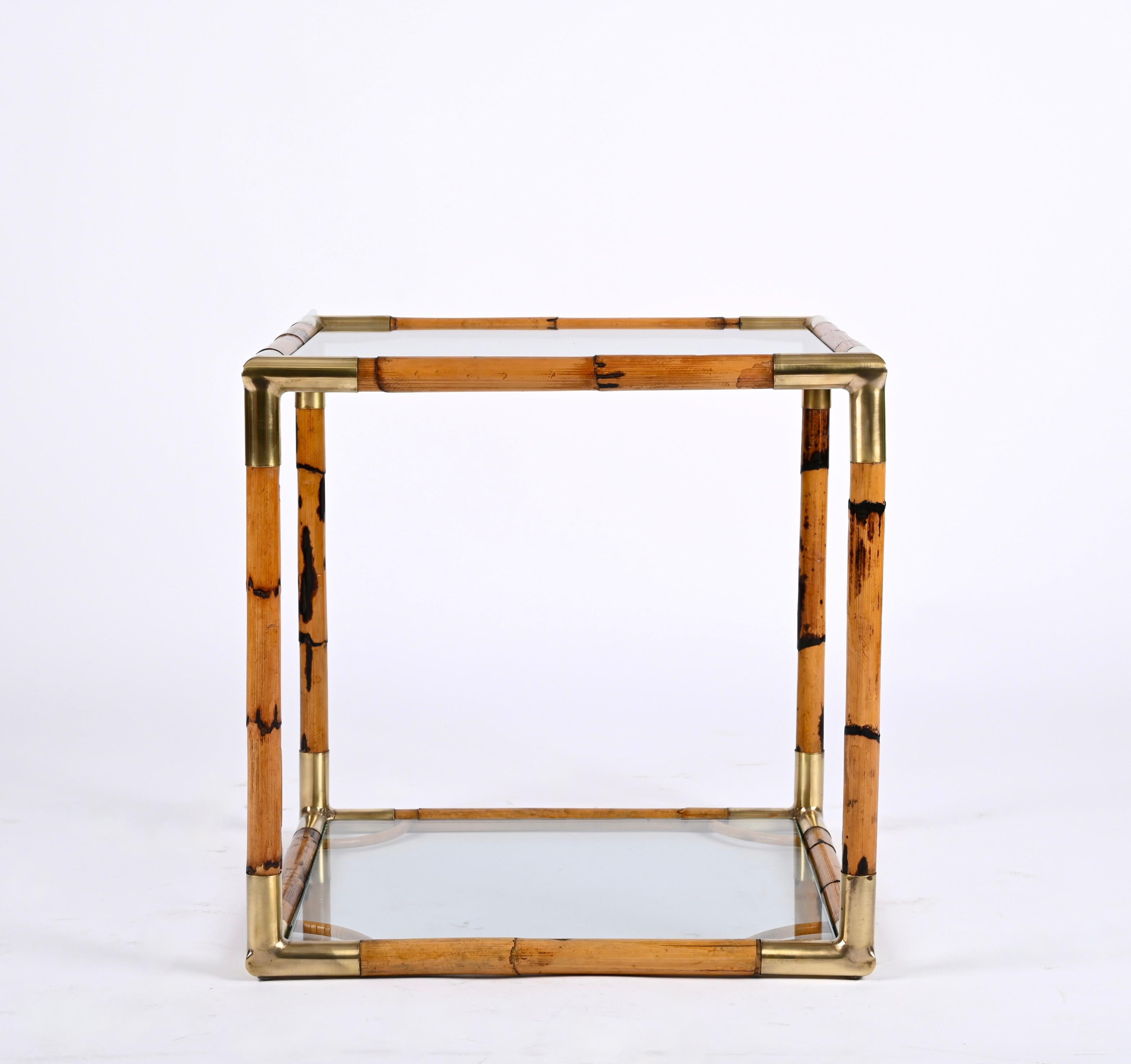 Midcentury Bamboo, Brass and Crystal Glass Cubic Italian Coffee Table, 1960s In Good Condition In Roma, IT