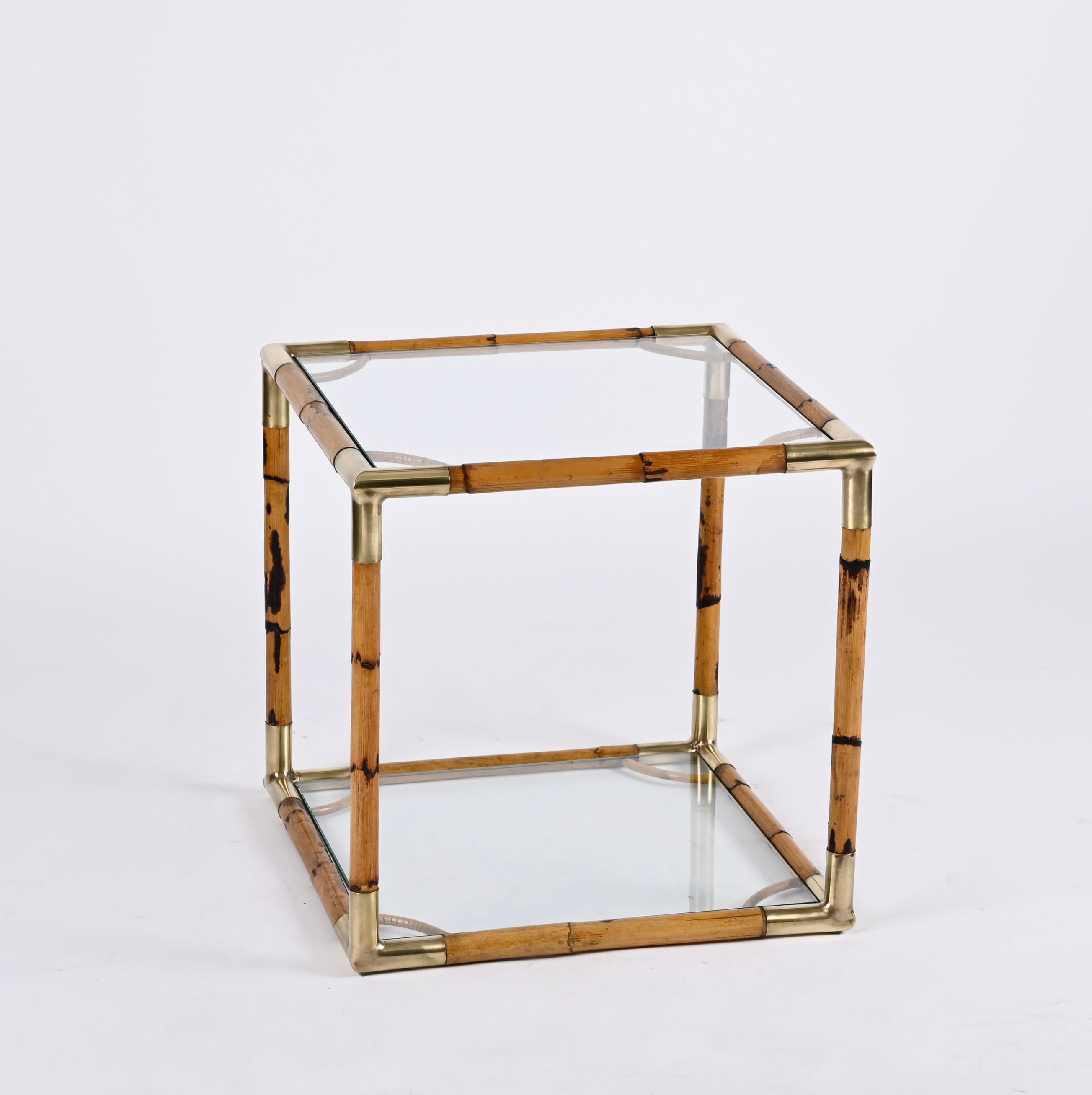 Midcentury Bamboo, Brass and Crystal Glass Cubic Italian Coffee Table, 1960s 4