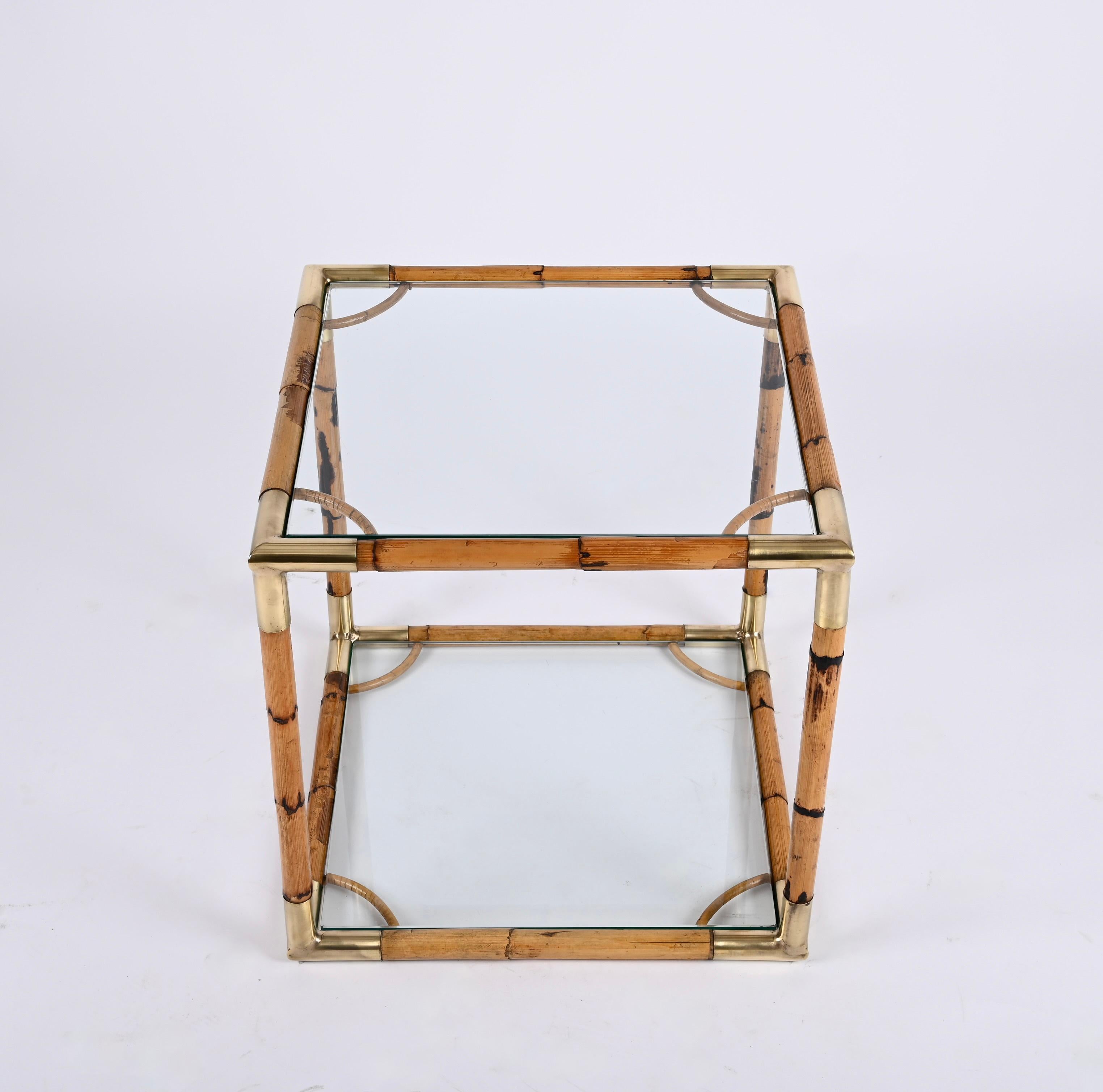 Midcentury Bamboo, Brass and Crystal Glass Cubic Italian Coffee Table, 1960s 3