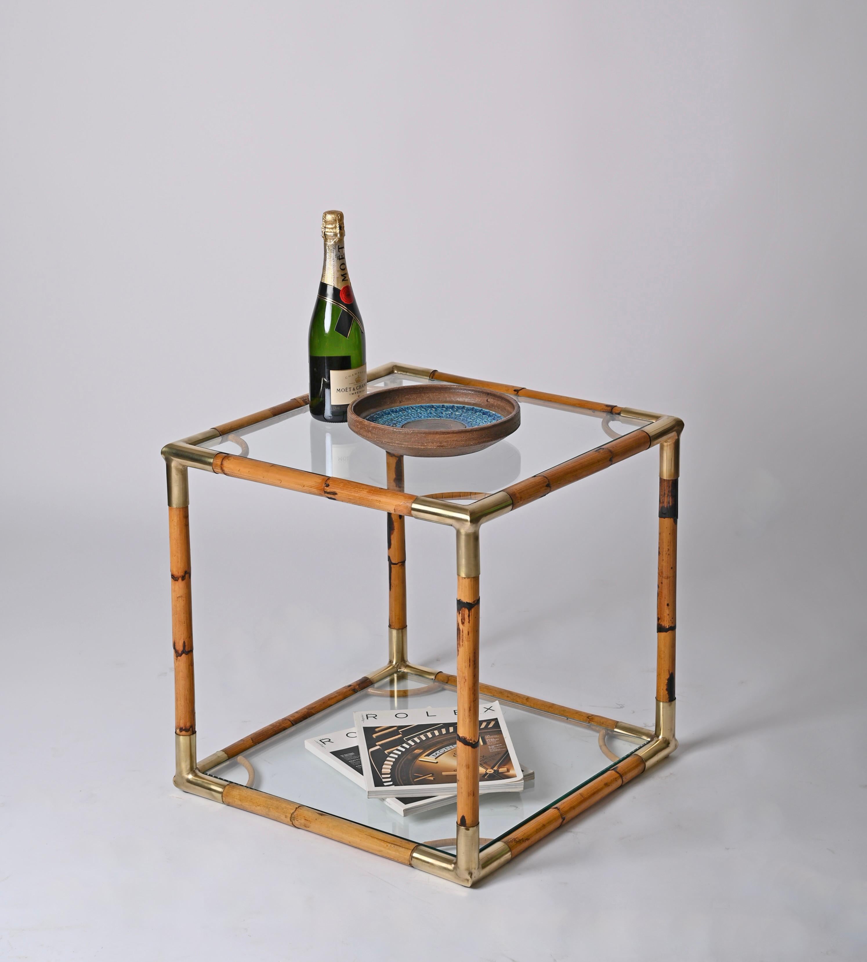20th Century Midcentury Bamboo, Brass and Crystal Glass Cubic Italian Coffee Table, 1960s