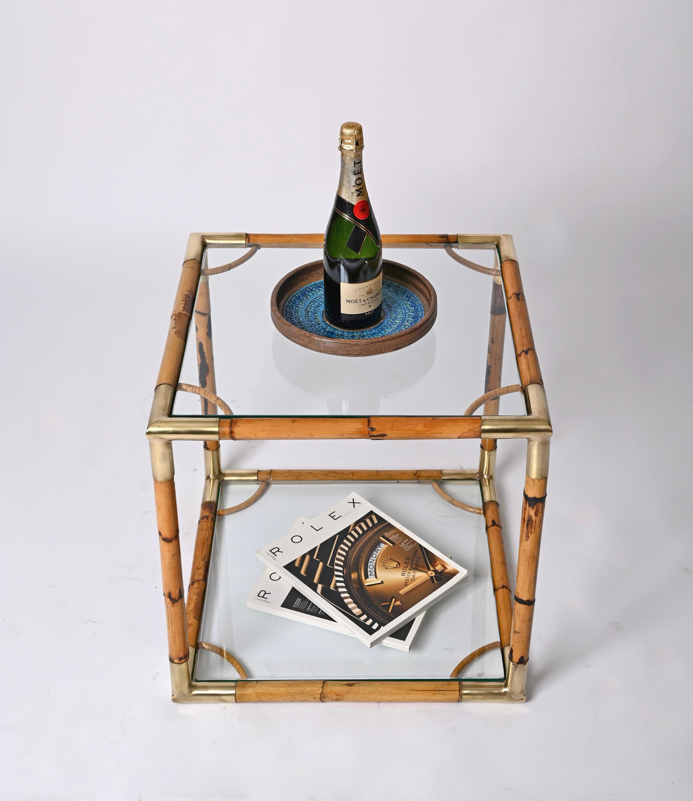 Midcentury Bamboo, Brass and Crystal Glass Cubic Italian Coffee Table, 1960s 5