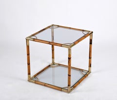 Midcentury Bamboo, Brass and Crystal Glass Cubic Italian Coffee Table, 1960s