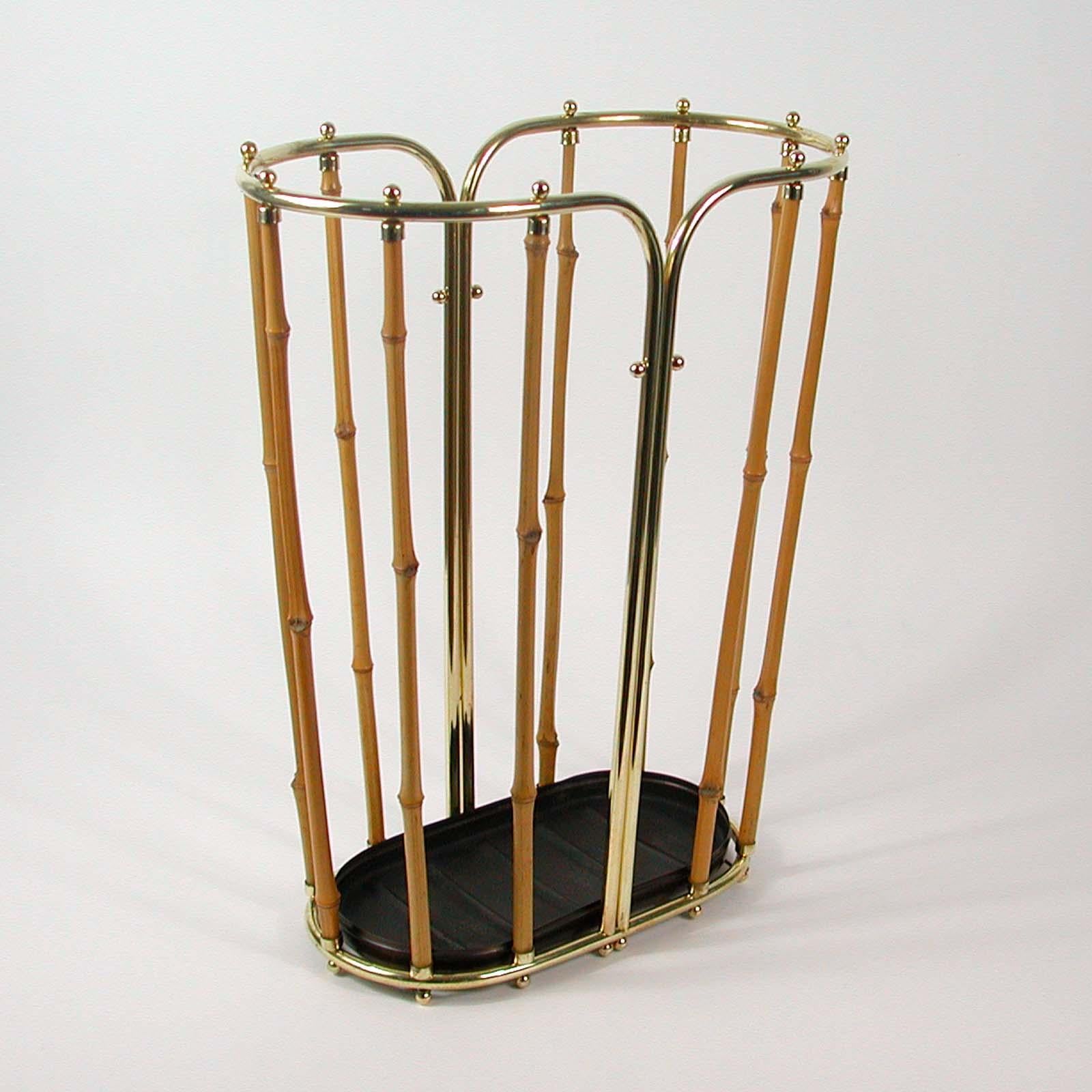 Mid-Century Modern Midcentury Bamboo and Brass Umbrella Stand, Austria, 1950s For Sale