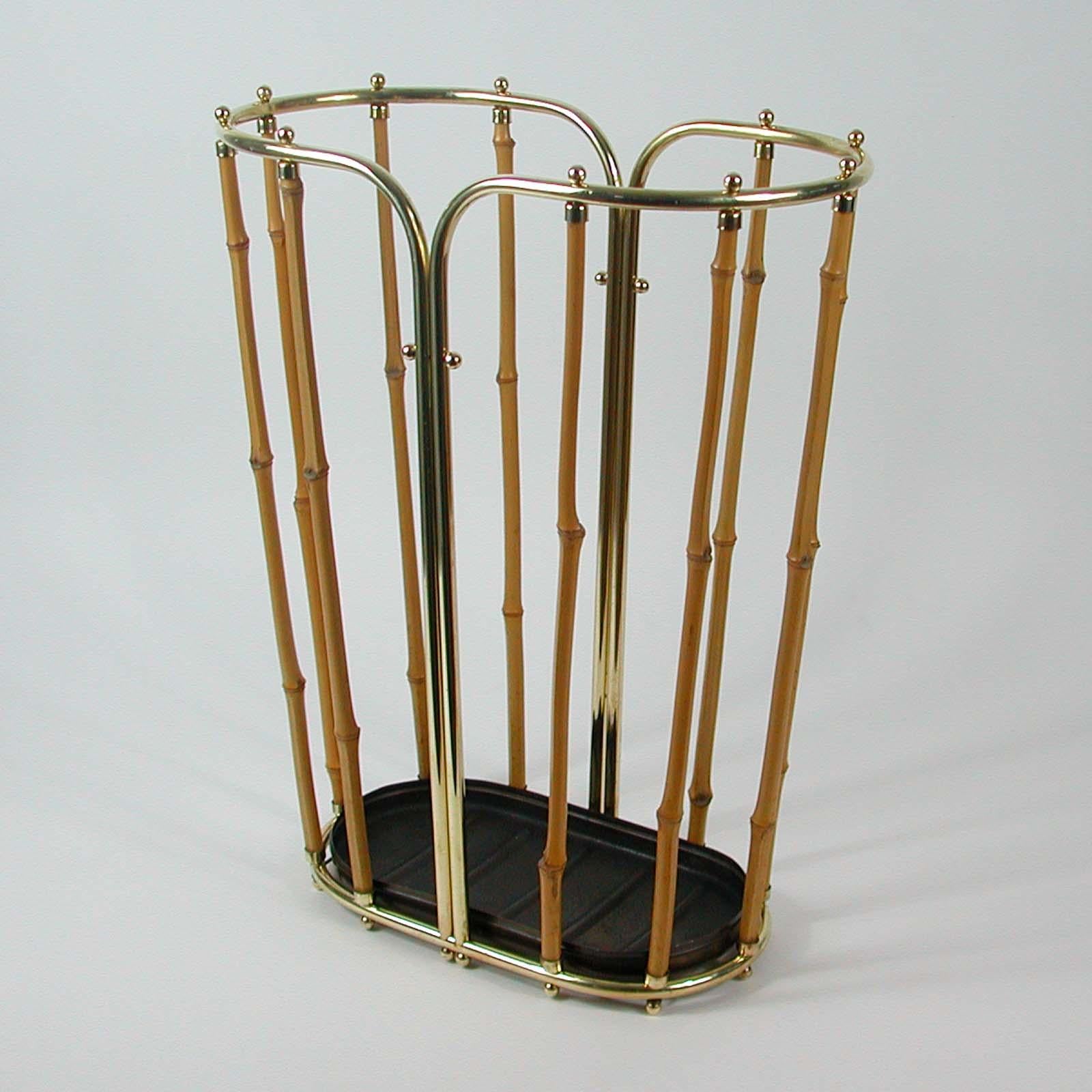 Italian Midcentury Bamboo and Brass Umbrella Stand, Austria, 1950s For Sale