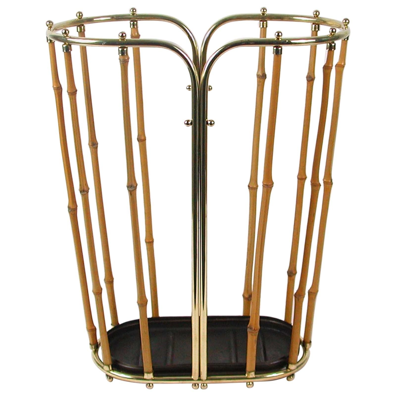 Midcentury Bamboo and Brass Umbrella Stand, Austria, 1950s For Sale