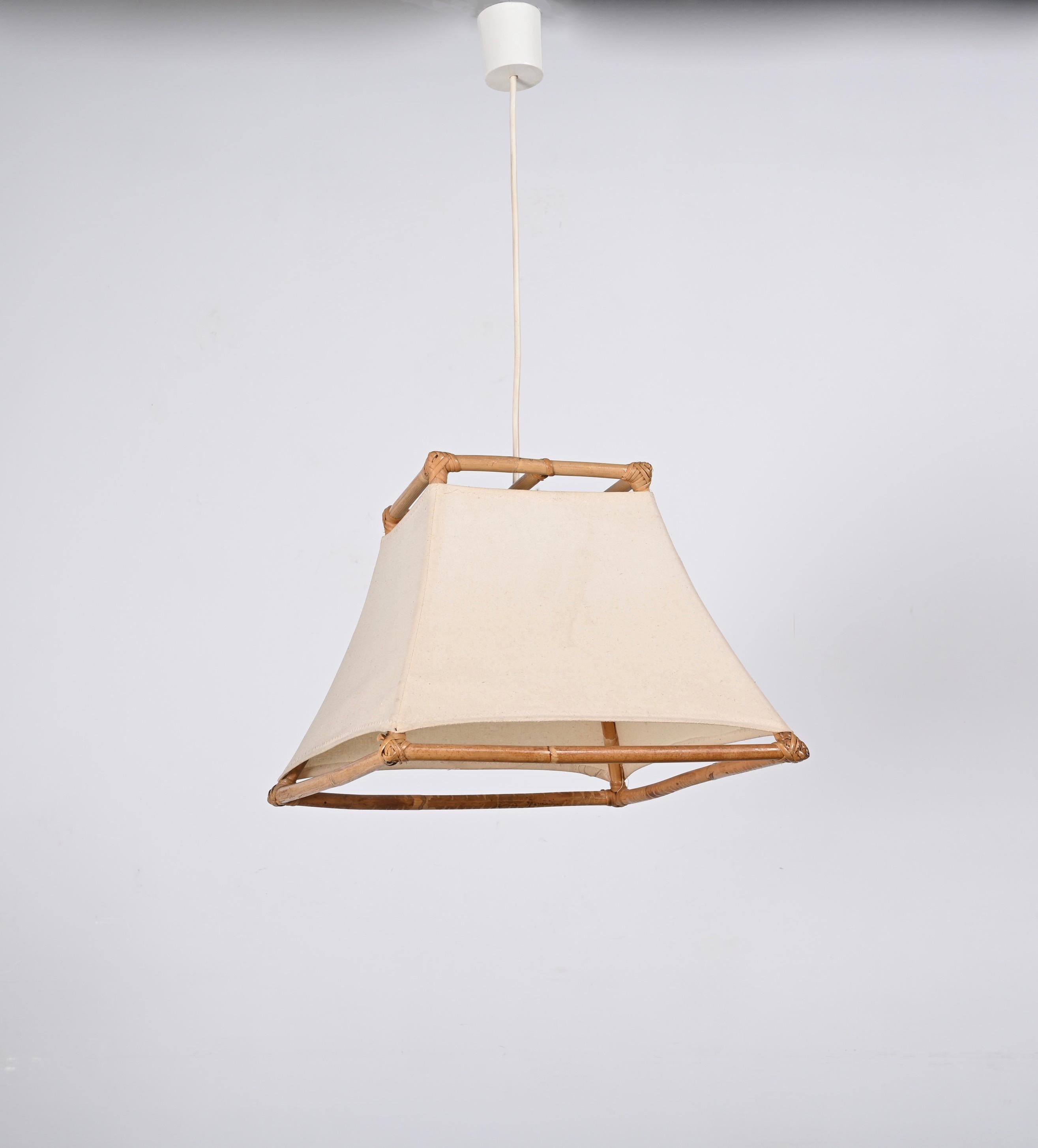 Midcentury Bamboo, Cane and Rattan French Chandelier After Louis Sognot, 1960s For Sale 4