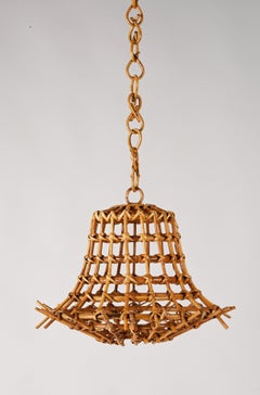 Midcentury Bamboo Cane and Rattan French Chandelier After Louis Sognot, 1960s