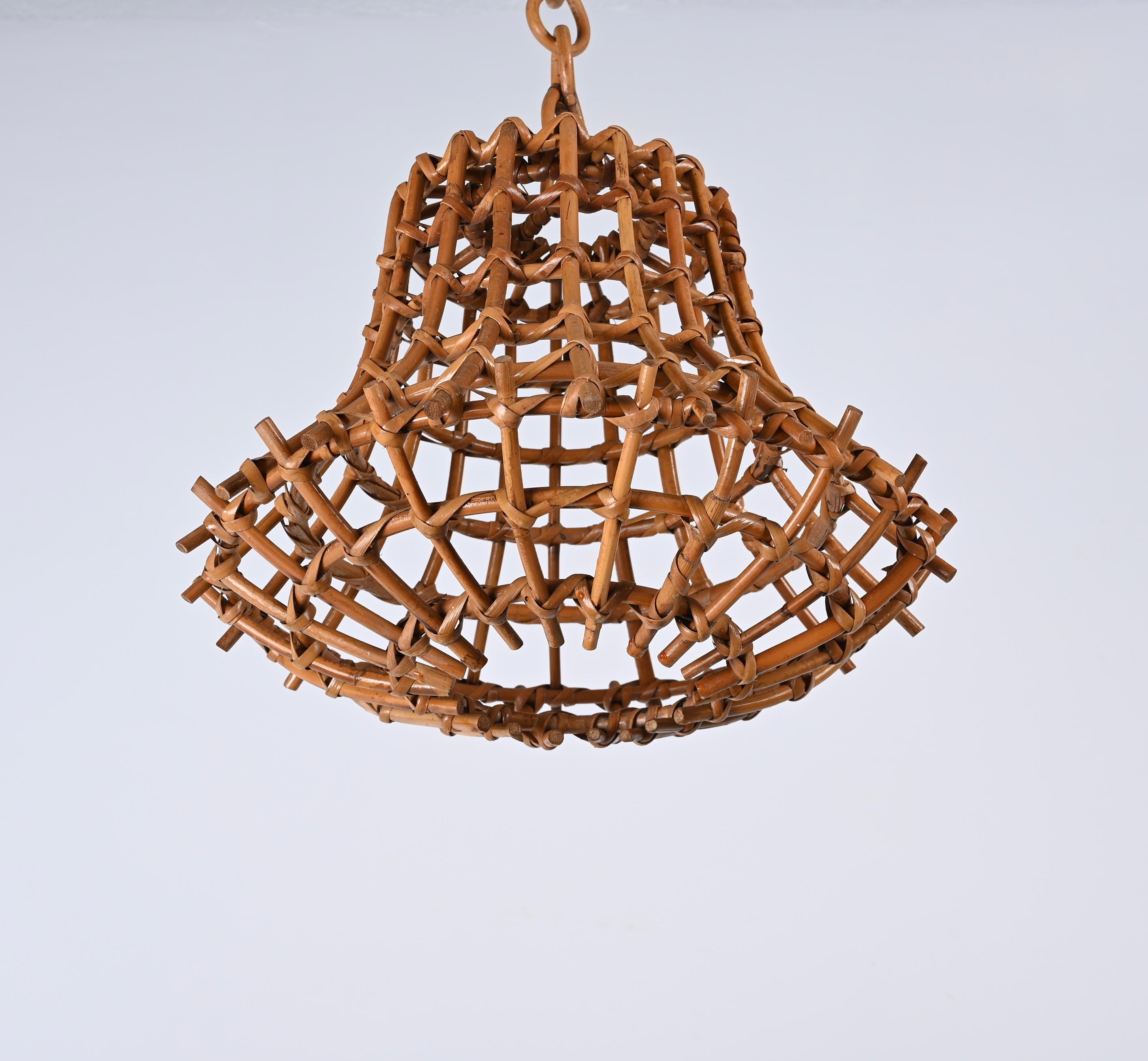 Mid-Century Modern Midcentury Bamboo Cane and Rattan French Chandelier After Louis Sognot, 1960s For Sale