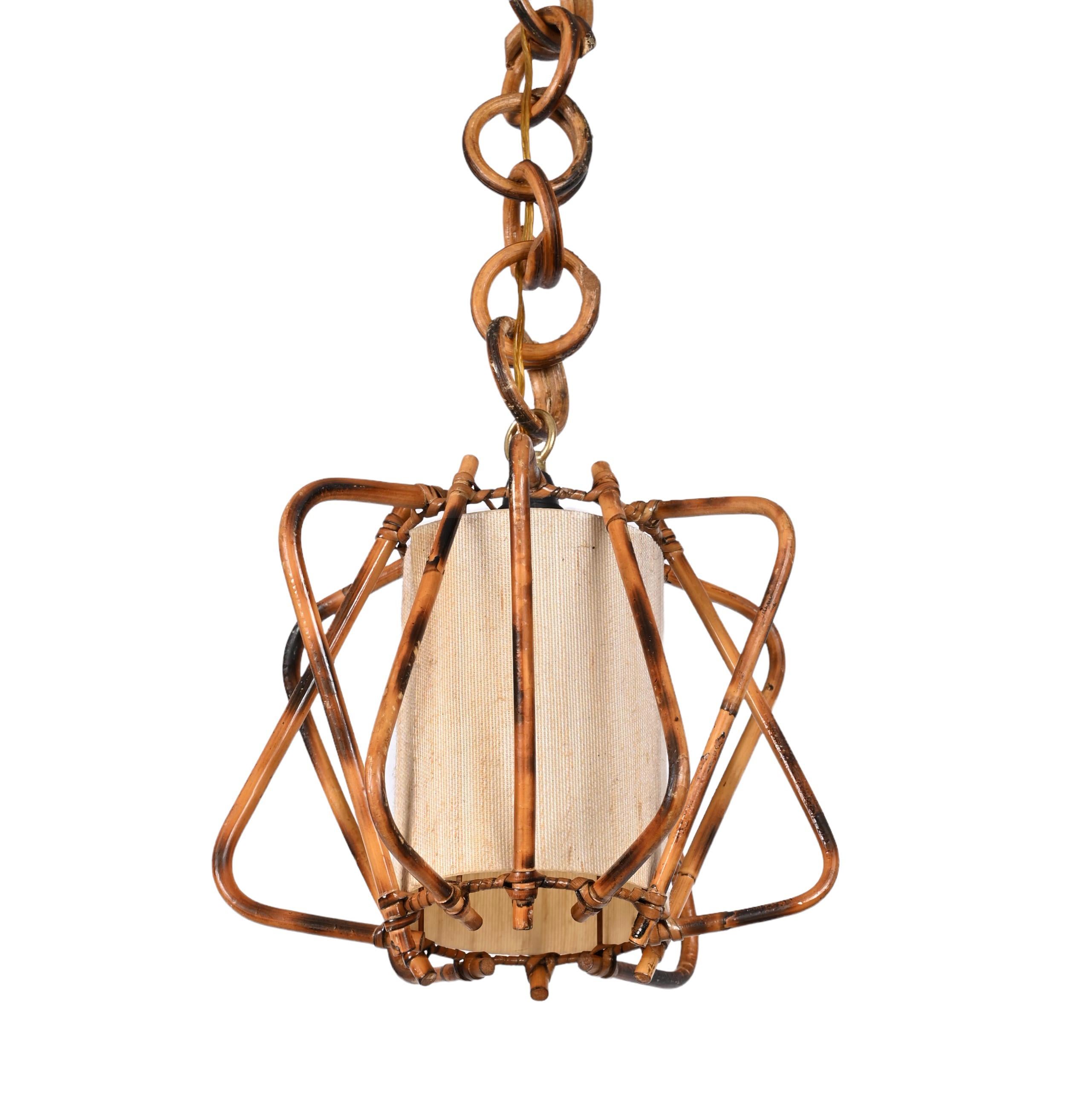 20th Century Midcentury Bamboo, Cane and Rattan French Chandelier After Louis Sognot, 1960s For Sale