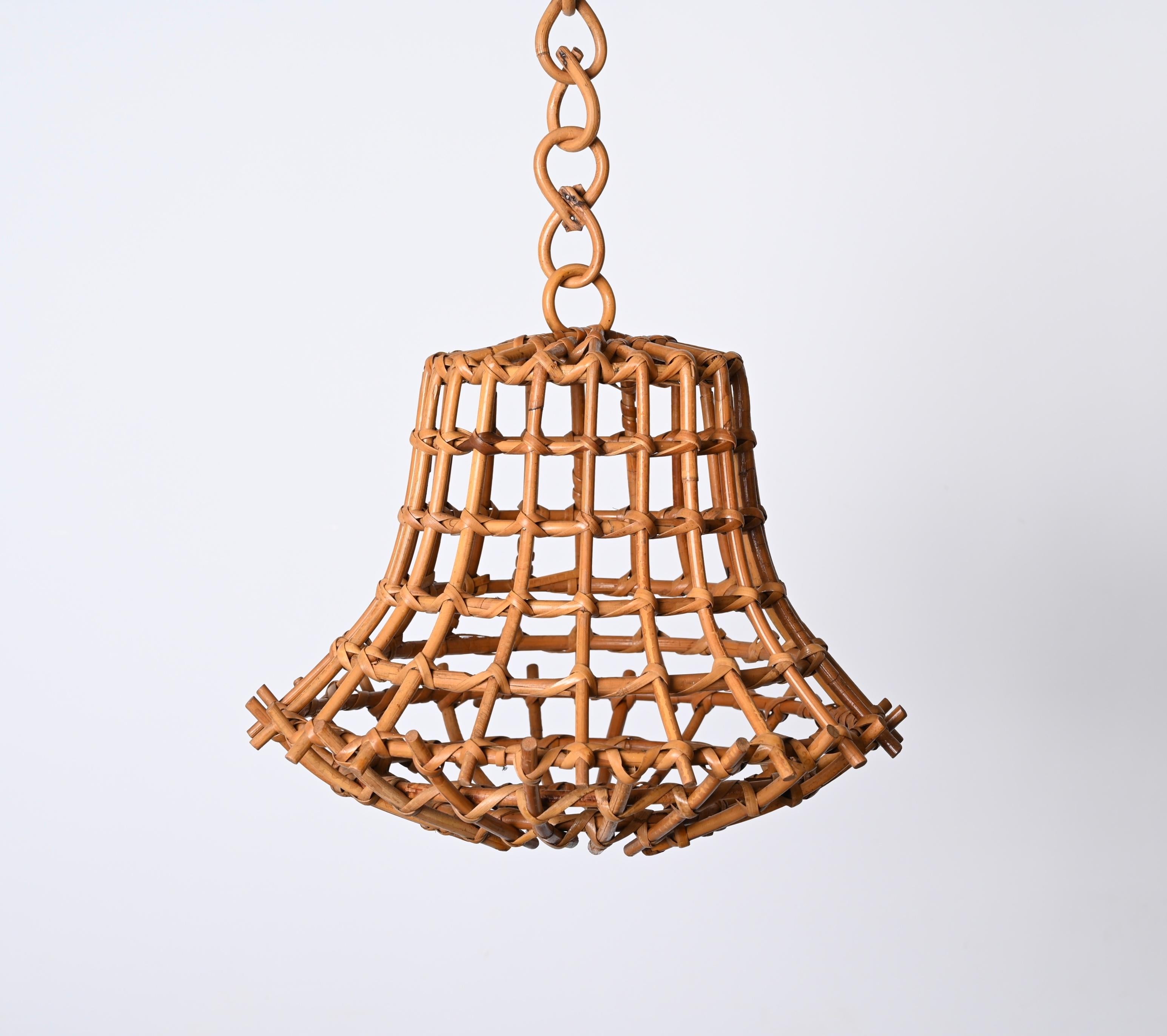 Mid-20th Century Midcentury Bamboo Cane and Rattan French Chandelier After Louis Sognot, 1960s For Sale