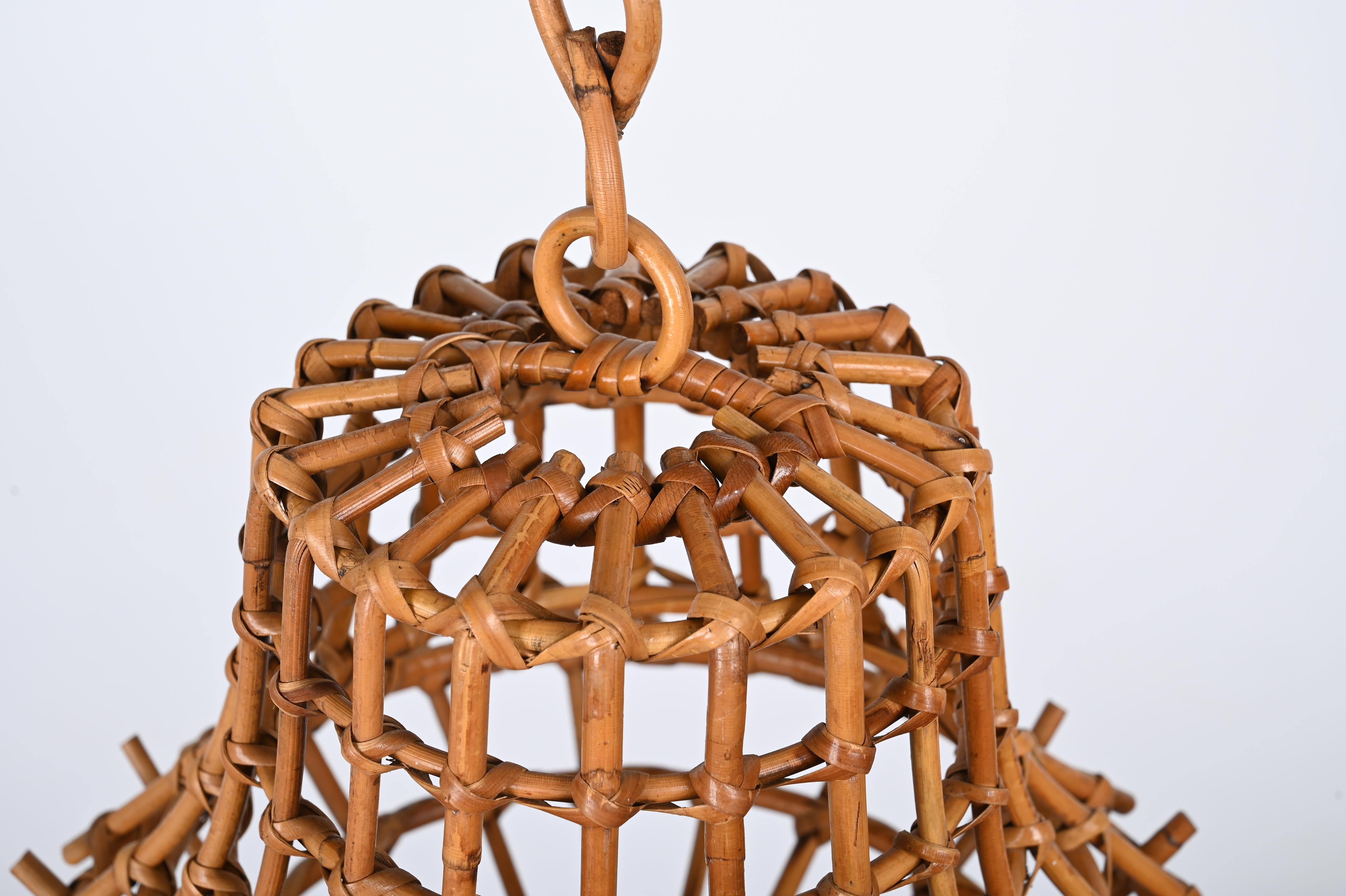 Midcentury Bamboo Cane and Rattan French Chandelier After Louis Sognot, 1960s For Sale 2