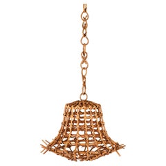 Midcentury Bamboo Cane and Rattan French Chandelier After Louis Sognot, 1960s