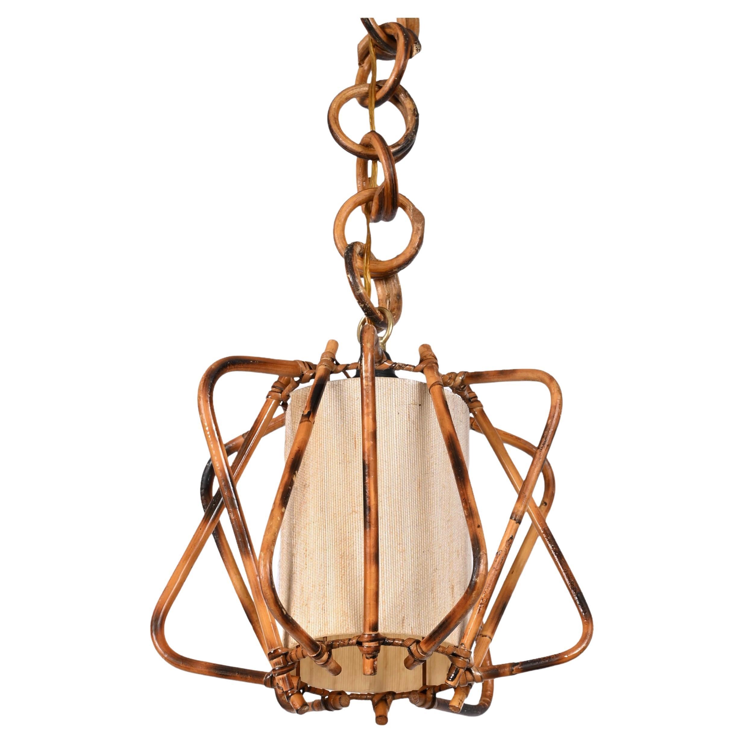Midcentury Bamboo, Cane and Rattan French Chandelier After Louis Sognot, 1960s