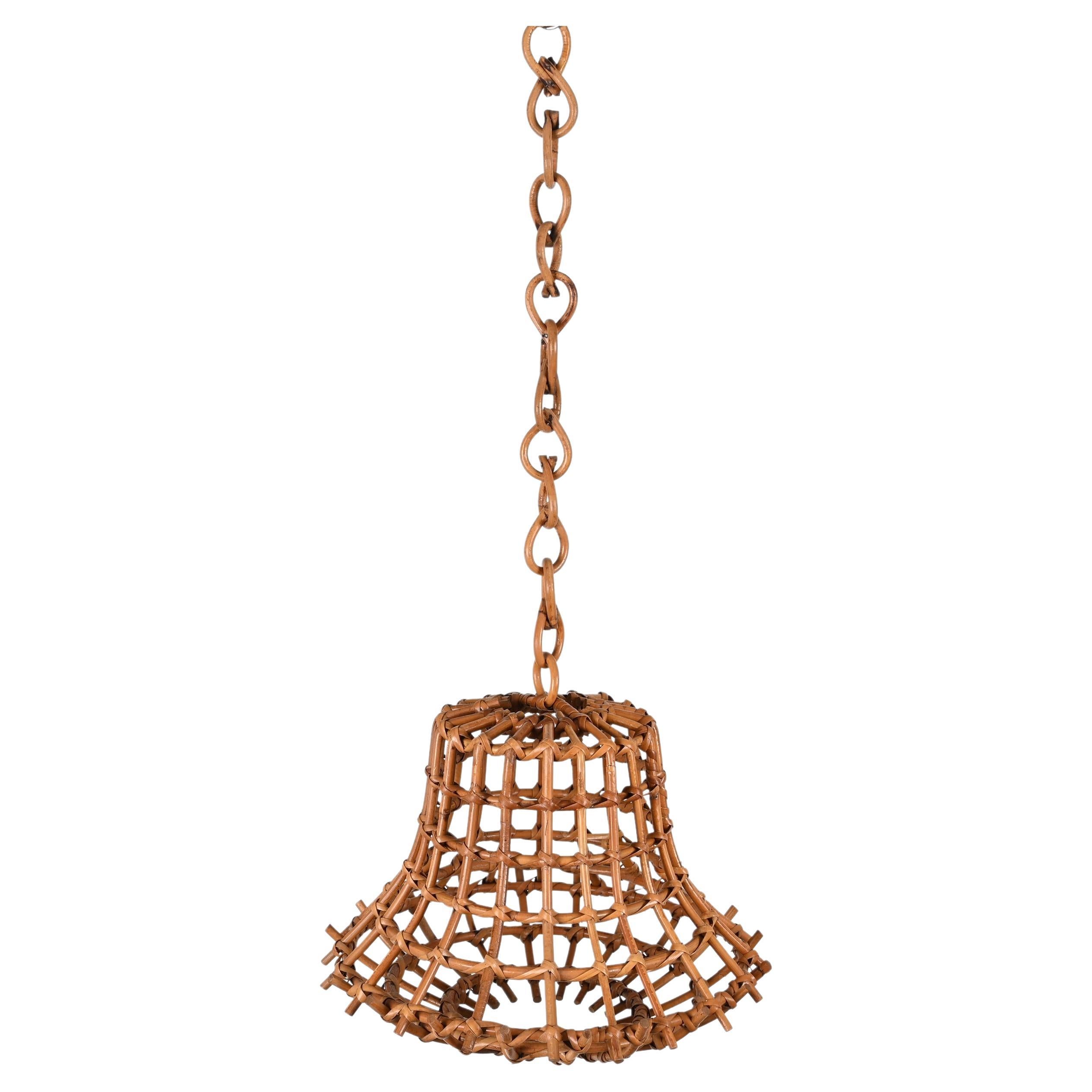 Midcentury Bamboo Cane and Rattan French Chandelier After Louis Sognot, 1960s