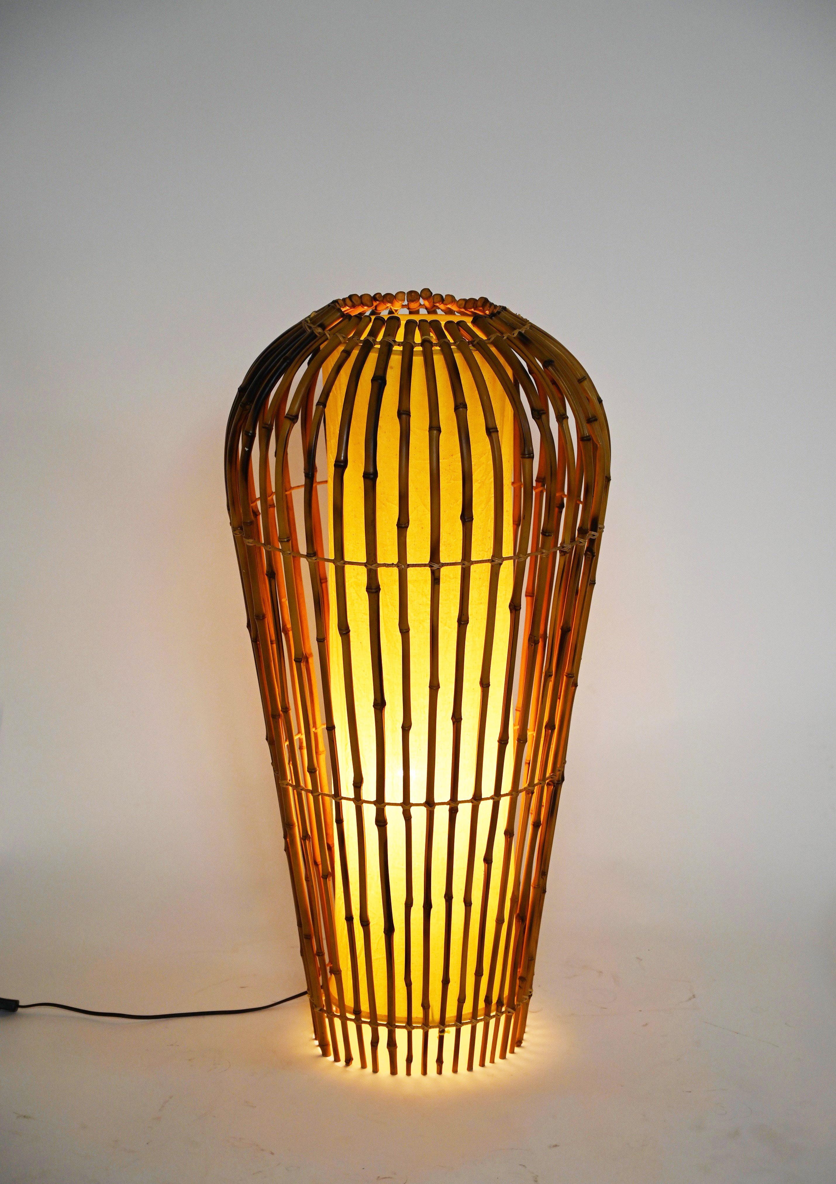 Midcentury Bamboo Cane and Rattan Italian Floor Lamp after Franco Albini, 1970s 1