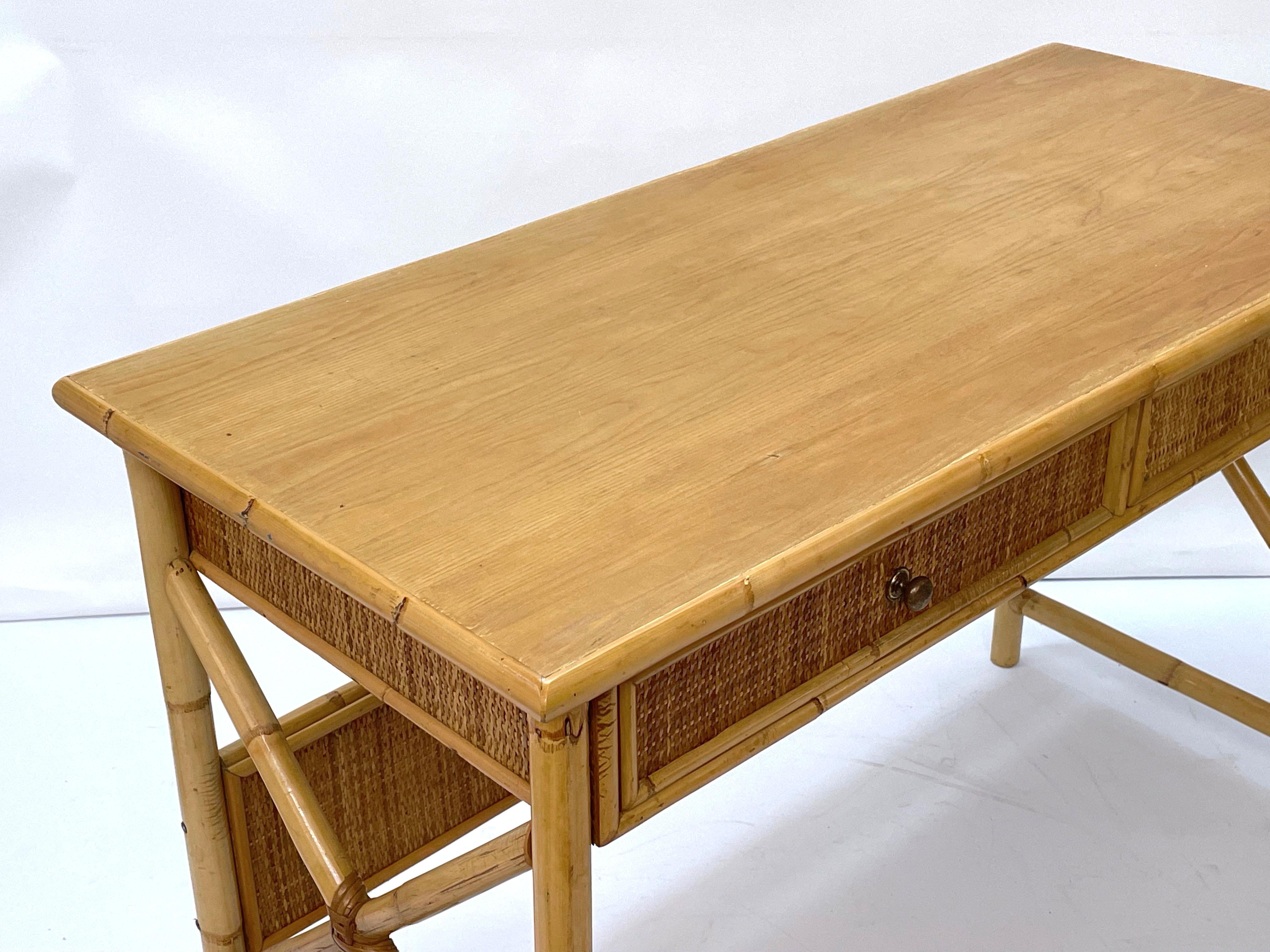 Midcentury Bamboo Cane, Ash Wood and Rattan Italian Desk with Drawers, 1980s 3