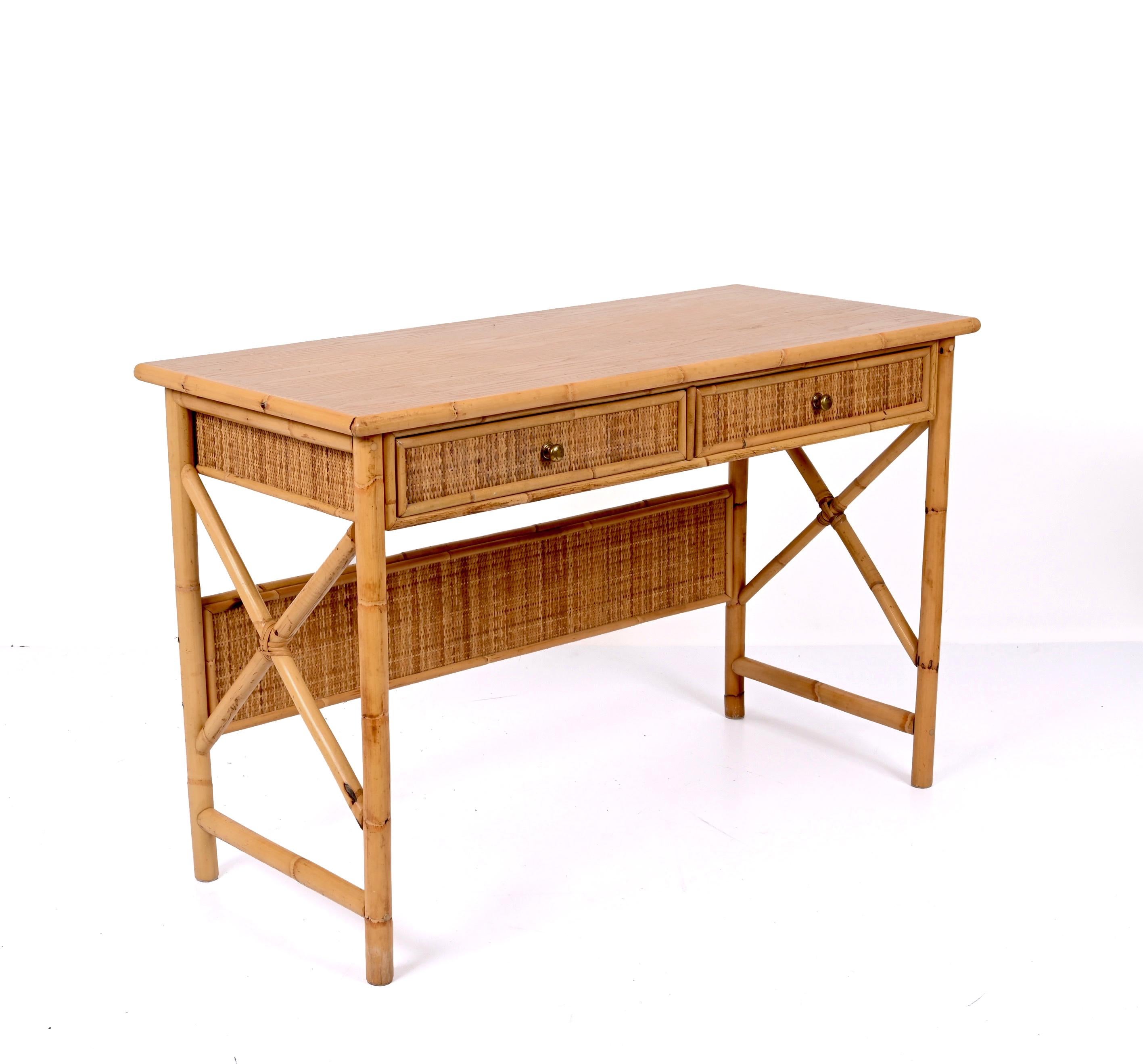 Midcentury Bamboo Cane, Ash Wood and Rattan Italian Desk with Drawers, 1980s 5