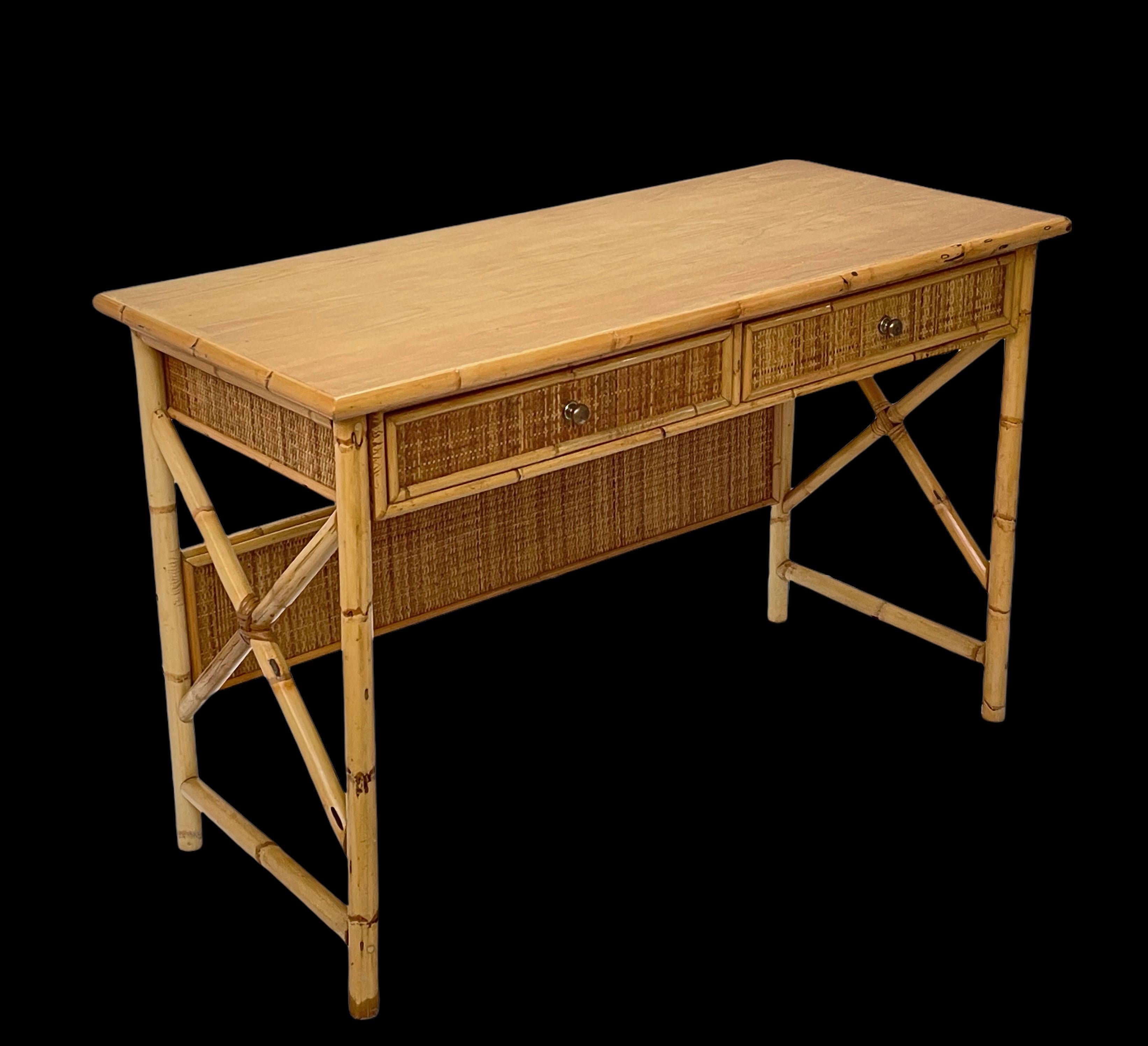 Midcentury Bamboo Cane, Ash Wood and Rattan Italian Desk with Drawers, 1980s 4