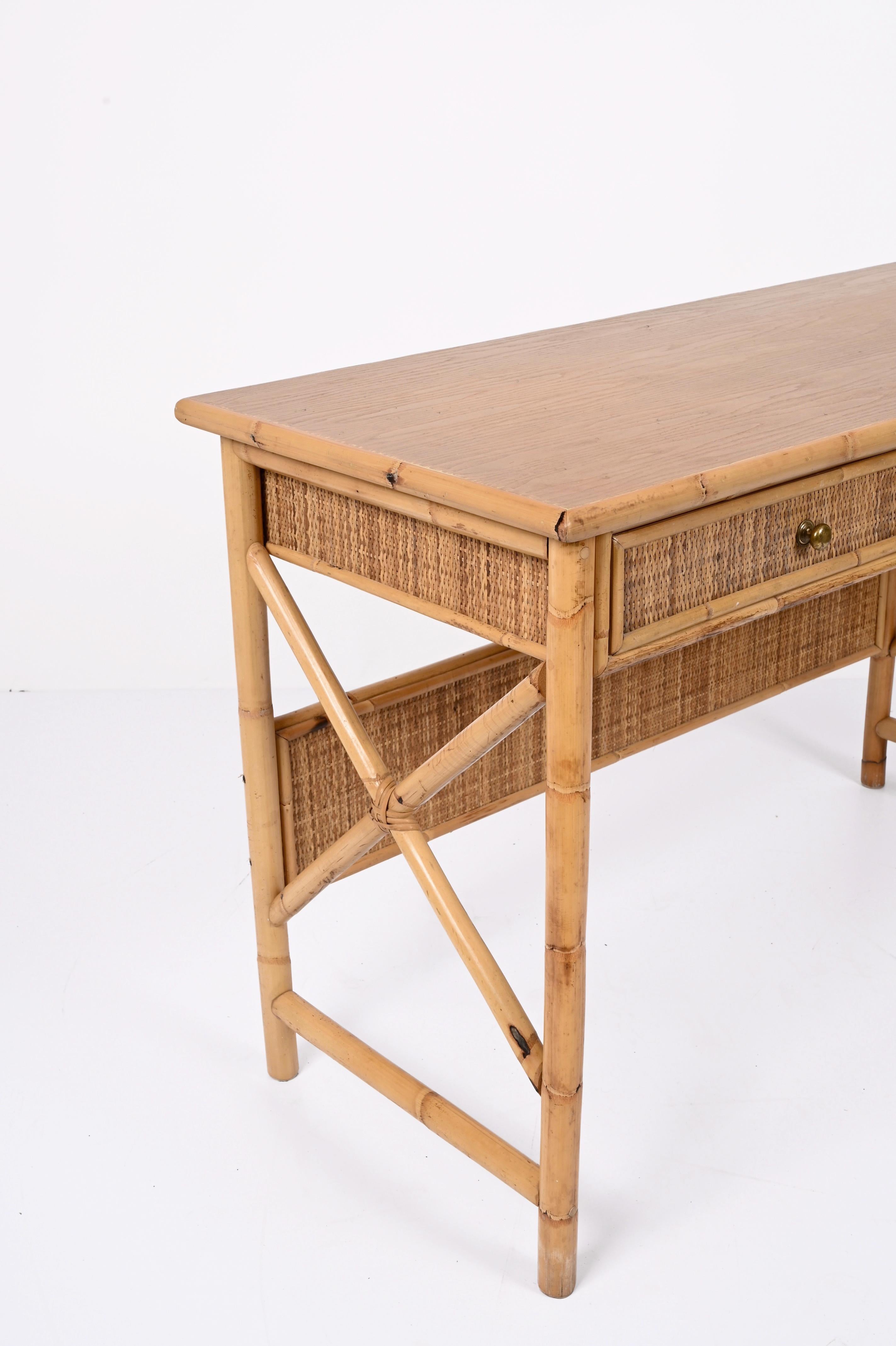 Midcentury Bamboo Cane, Ash Wood and Rattan Italian Desk with Drawers, 1980s 6