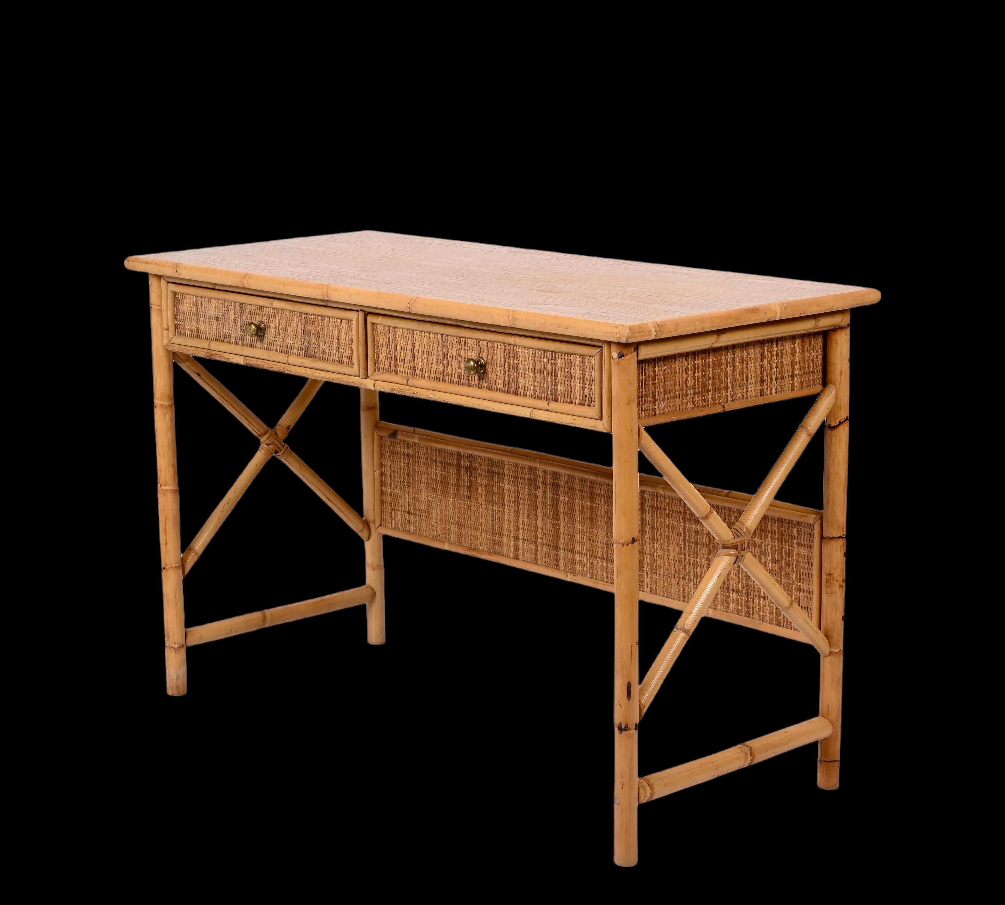 Midcentury Bamboo Cane, Ash Wood and Rattan Italian Desk with Drawers, 1980s 8