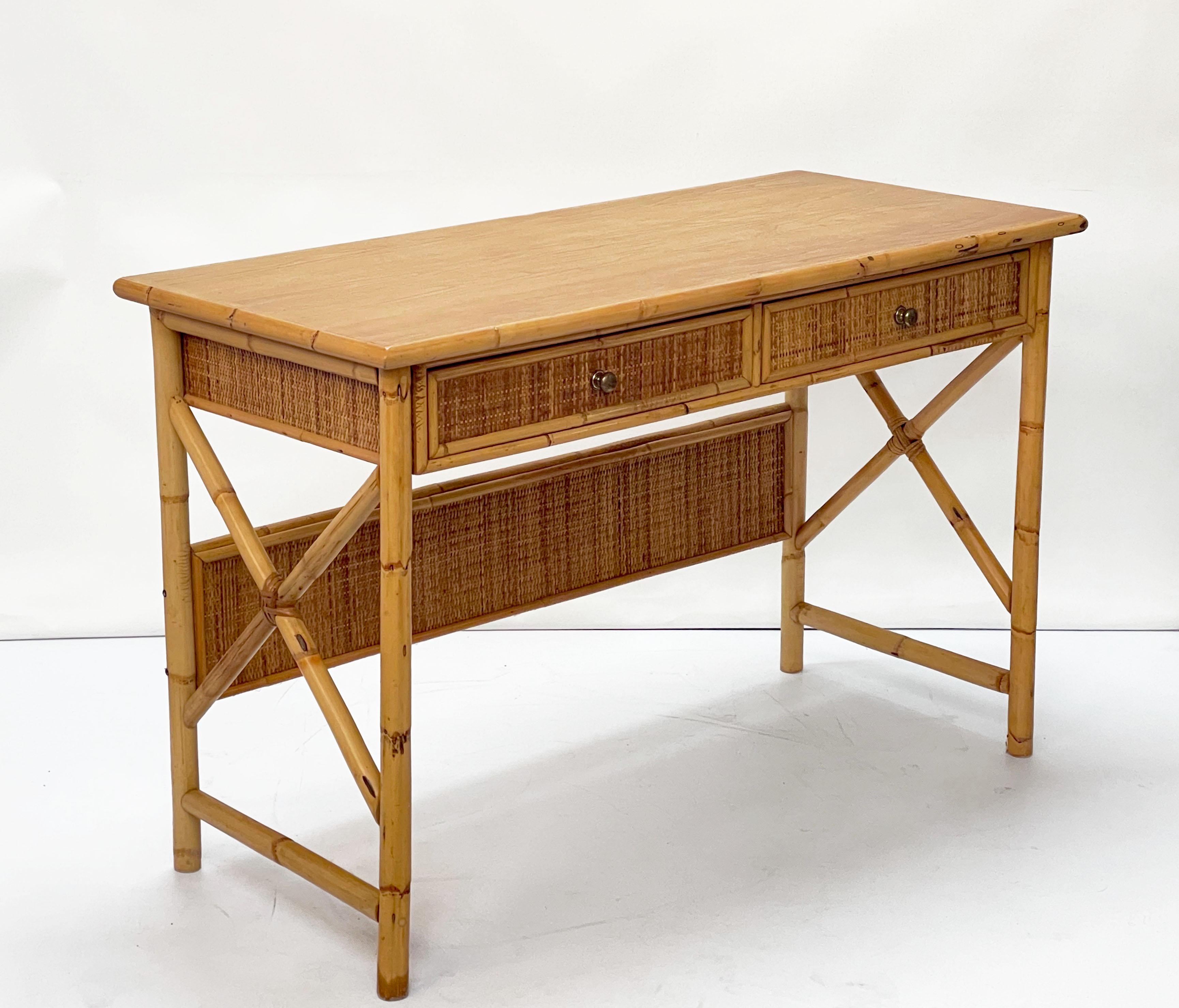 Midcentury Bamboo Cane, Ash Wood and Rattan Italian Desk with Drawers, 1980s 7