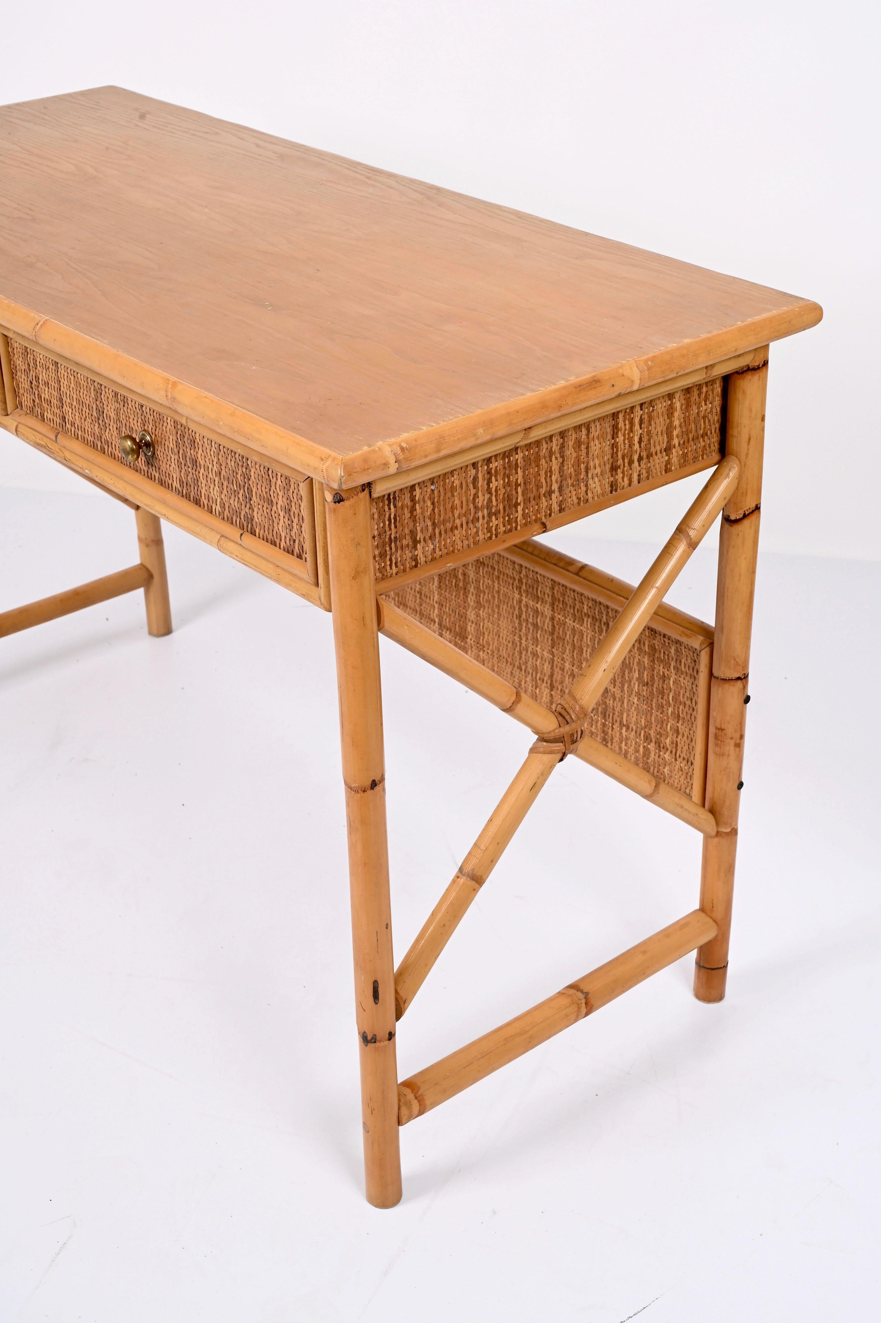 Midcentury Bamboo Cane, Ash Wood and Rattan Italian Desk with Drawers, 1980s 9